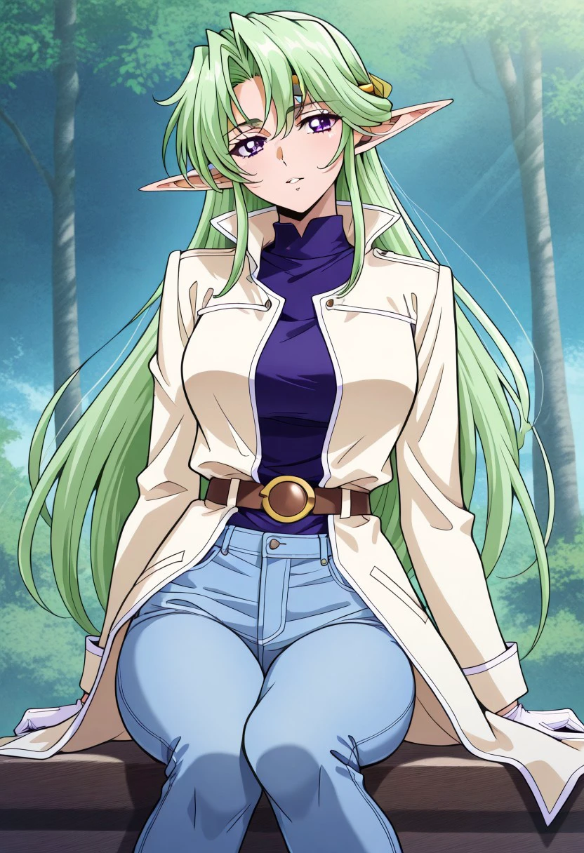 masterpiece, best quality, newest, highres, uncensored, 1girl, yokota mamoru style,motion lines,1girl,Kamyu,Green hair, Waist Length hair,long hair,Violet Eyes,Pointed Ears,elf,masterpiece, best quality,The image is a digital artwork in an anime style, featuring a fantastical scene in a lush, green forest. The central figure is a young, elven woman with long, flowing, light green hair and pointed ears, indicative of her elven heritage. She has large, expressive brown eyes and a gentle, serene expression.Gloves, Over The Knee Socks,wearing coat and jeans