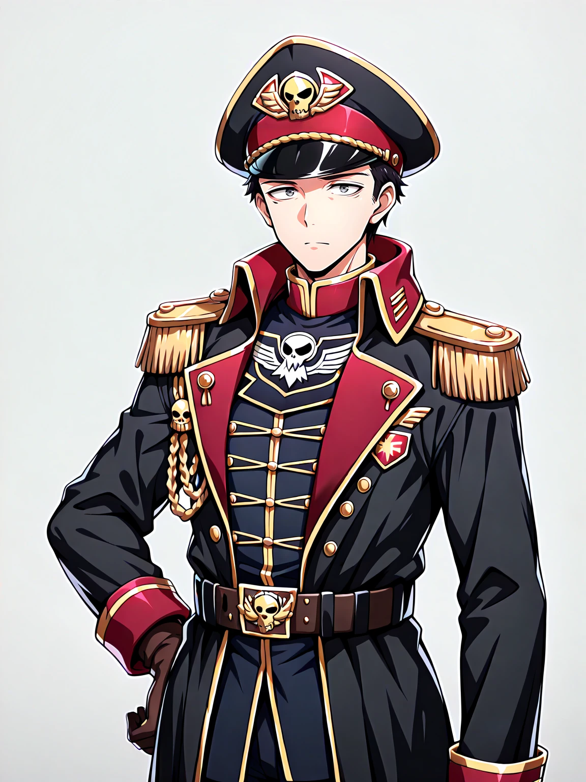 masterpiece, best quality,1boy,solo,eagle emblem,male focus,
edgCommissar, looking at viewer, dark hair, gloves, long sleeves, closed mouth, jacket, cowboy shot, belt, grey background, uniform, coat, black jacket, hand on hip, black headwear, epaulettes, black coat ,wearing edgCommissar,skull emblem,millitary uniform,hat
<lora:edgIllustriousXLCommissar-000004:0.9>
1boy, g0j0, black hair, short hair, grey eyes <lora:Hoseki_MyDressUpDarling_WakanaGojo_IllustriousXL_v1:1>