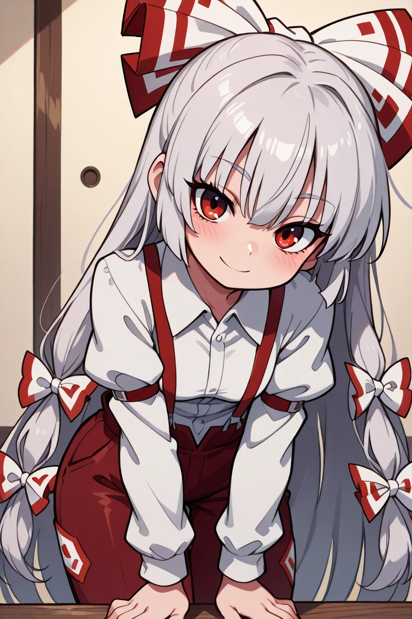 masterpiece, best quality, 1girl, solo, 21 year old model, eyelashes, (beautiful eyes),     ,,, <lora:FujiwaraNoMokouTouhouIXL:1.0>, zzMokou, red eyes, hair between eyes, grey hair, hair bow, hair ribbon, long hair, very long hair, white hair bow, suspenders, white shirt, shirt, long sleeves, pants, white bow, red pants, collared shirt,,,, smile, looking at viewer, leaning forward, head tilt, blush,,, <lora:GoldenCATLoraIXL:0.6>, <lora:ZankuroIXLLight_v2:0.6>, <lora:princess_xl_v2:0.3>,