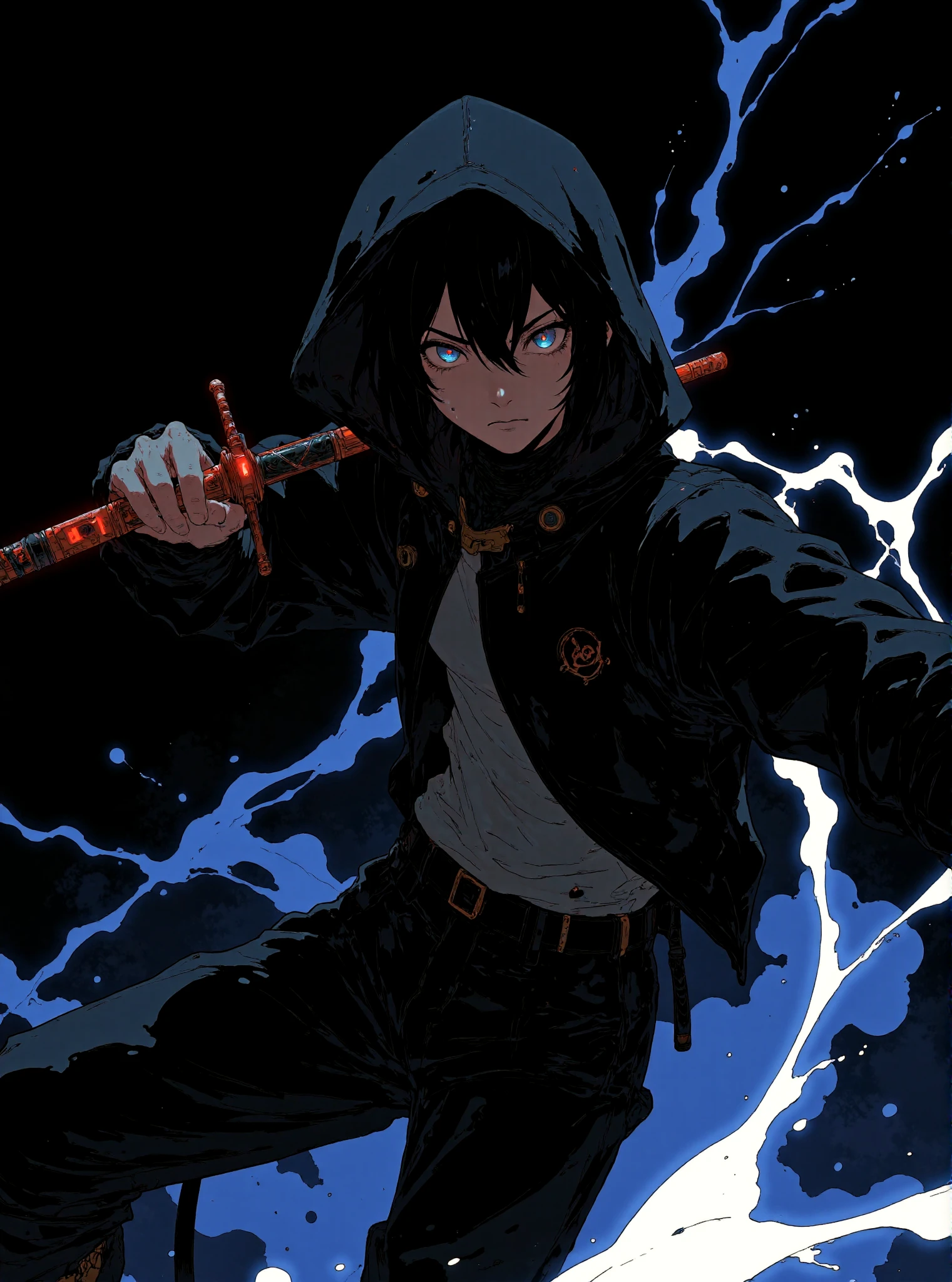 A dynamic and intense anime-style illustration featuring a determined character wielding a glowing indigo katana. The character has striking indigo eyes that emit a fierce and focused expression, contrasting against their dark hoodie and monochromatic attire. Abstract splashes of indigo and white energy swirl around, creating a sense of motion and raw power. The overall composition is dramatic, with sharp, angular lines and bold contrasts between the dark background and the vivid indigo and white accents. The style is inspired by high-energy action scenes in manga or anime, with an emphasis on minimalistic colors and a high-impact, modern aesthetic. The atmosphere is dark, electrifying, and filled with a sense of impending action. 
 <lora:Let_It_Blaze_in_Crimson:1>