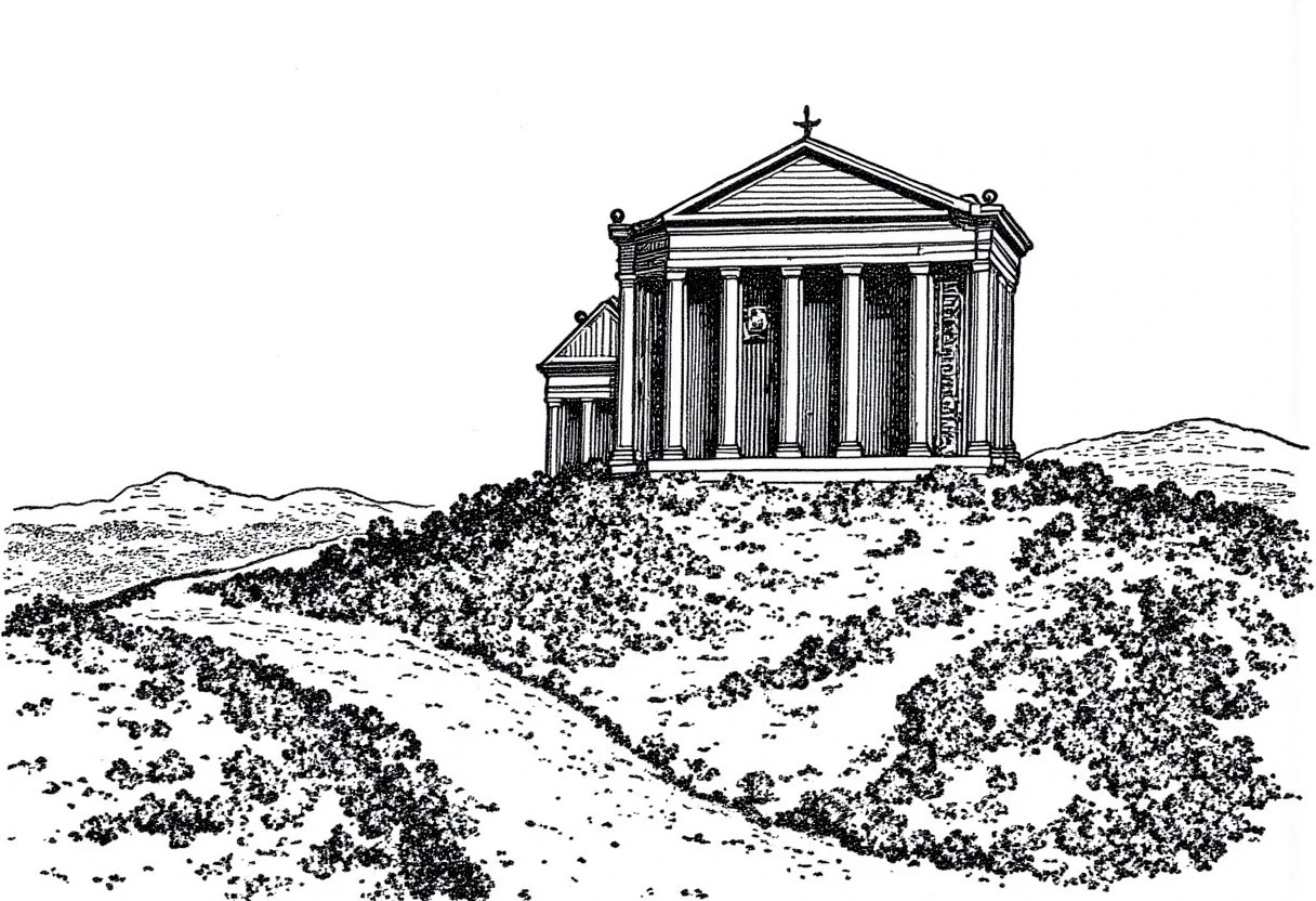 This is a black-and-white pencil illustration about Roman Empire. The image illustrates an ancient Roman temple on the top of a hill.