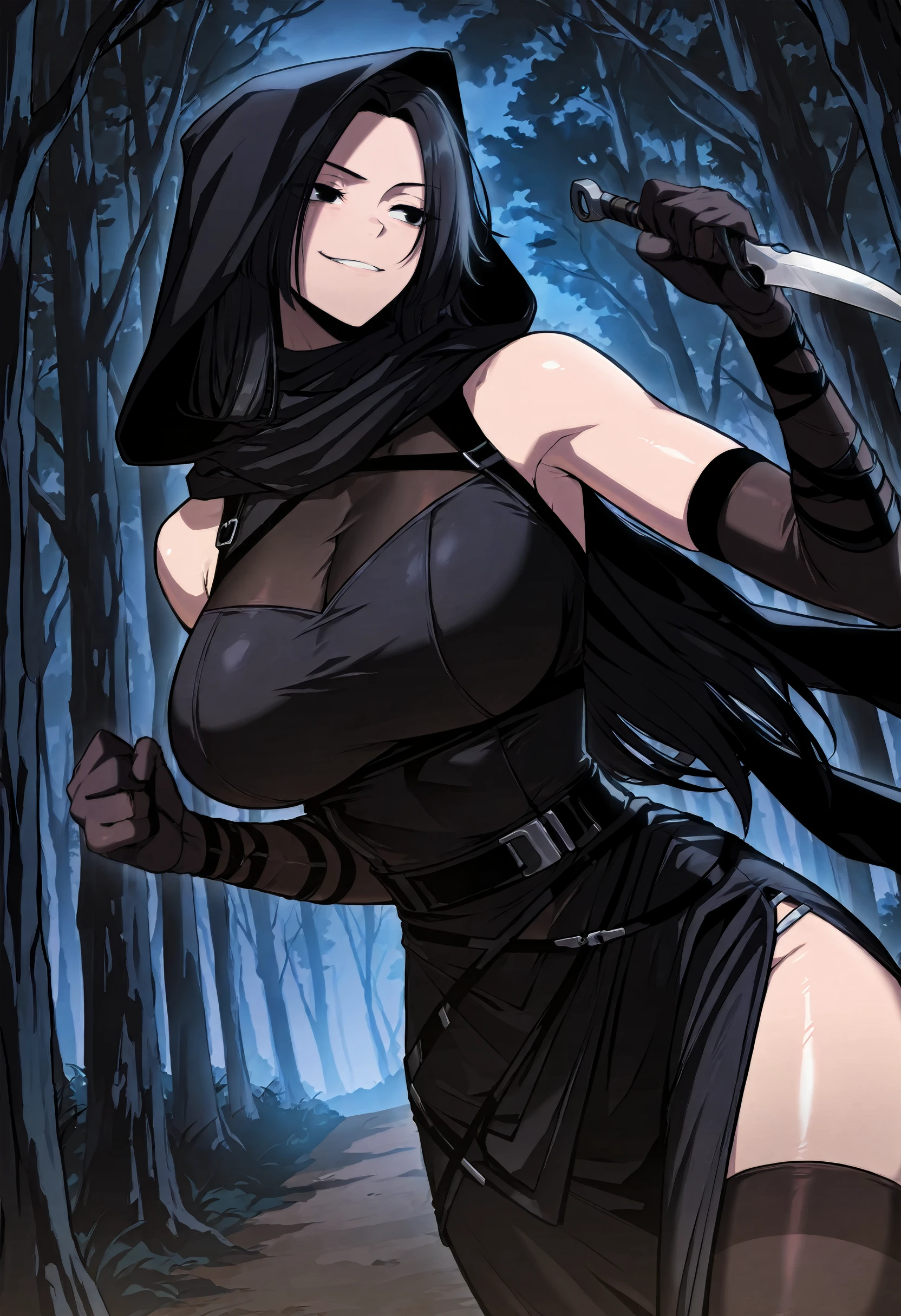 masterpiece, best quality, amazing quality, very aesthetic, absurdres, newest, scenery, 1girl, solo, huge breasts, smirk, <lora:Xuehua illustxl:1.0> black hair, black eyes, long hair, parted bangs, black scarf, hooded up, black dress, covered cleavage, see-thorugh, sleeveless, elbow gloves, black belt, black skirt, long skirt, side slit, black thighhighs, (holding dagger:0.9), fighting stance, upper body, running, forest, dark, night, outside, looking away, shiny skin, masterpiece, best quality, amazing quality, very aesthetic, absurdres, newest, scenery