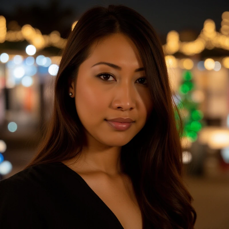 <lora:Sharon_Lee:0.8> sharon lee, long hair.  Closeup face portrait. Chrismas village decoration at night blurry background