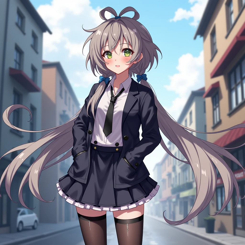 an anime girl,grey hair,black_thighhighs,in city