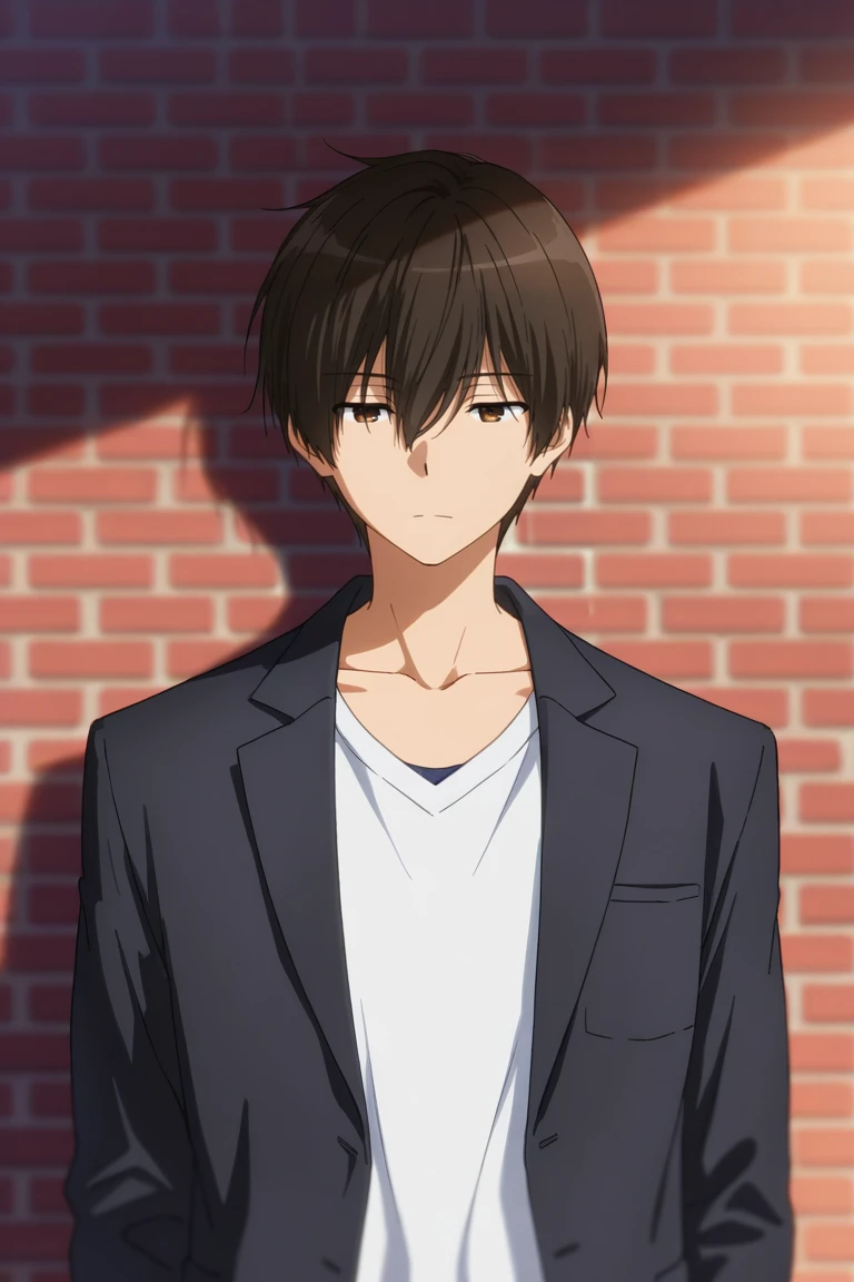 masterpiece,best quality,amazing quality,very aesthetic,high resolution,ultra-detailed,absurdres,newest,scenery,volumetric lighting,depth of field , , , 1boy,solo,male focus,  <lora:seiya:0.83>,seiya kanie,dark brown hair, brown eyes,short hair,looking at you, shirt, long sleeves,closed mouth, jacket, collarbone, white shirt, upper body,open clothes,open jacket, black jacket, expressionless, black blazer, casual, brick background,