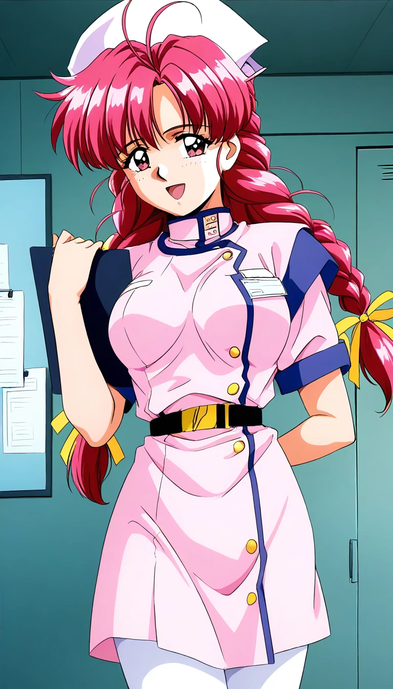 general,highres, ultra-detailed,very aesthetic,best quality ,best hands,  BREAK,  <lora:Makino_Rie_OVA_IS:1>, Makino_Rie_OVA, 1girl,solo, long hair, pink hair, 1990s \(style\),anime coloring, 
twin braids, bangs, hair ribbon, Yellow ribbon, large breasts, ahoge, pink eyes, BREAK,
clipboard, hat, open mouth, looking at viewer, holding, indoors, pantyhose, smile, red hair, short sleeves, holding clipboard, ribbon, cowboy shot, brown eyes,