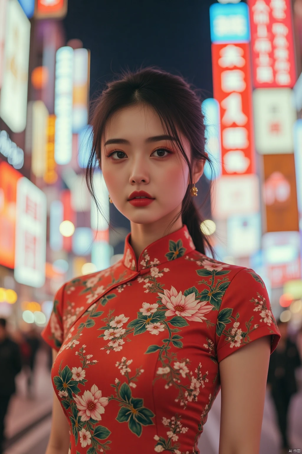 OBbllai,
Full shot of a stylish Chinese woman posing against a vibrant city backdrop, head to toe. She wears a trendy, modern qipao and strikes a confident pose. The FG polaroid filter enhances the fresh, vibrant colors. The bustling city lights blur behind her, emphasizing the shallow depth of field and keeping her sharply in focus.