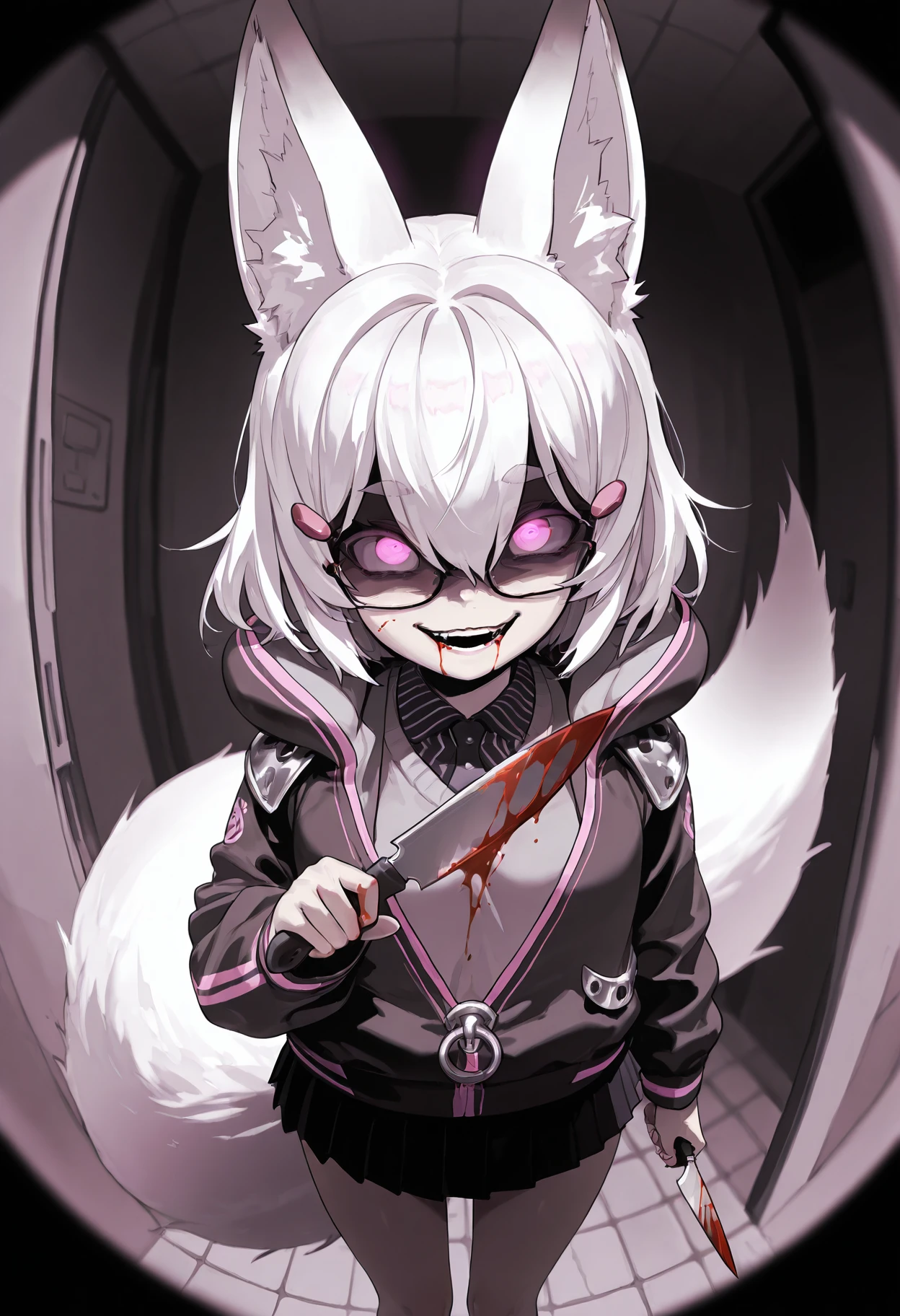 masterpiece, best quality, amazing quality,
1girl, solo, holding knife, blood, crazy eyes, crazy smile, fisheye, limited palette, glowing eyes, glasses,
<lora:tenma3:1>, tenma, skirt, shirt, hair ornament, hair between eyes, tail, hairclip, fox tail, thick eyebrows, jacket, hood, shaded face,