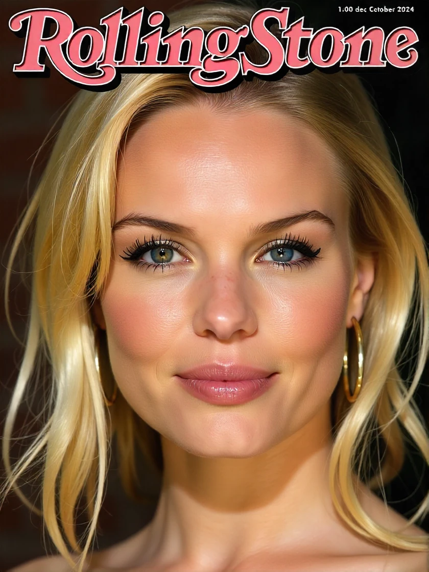 <lora:Kate_Bosworth:1> woman, blonde, extreme close-up, zoomed, focus on face, centered, macro shot, face centered, focus on eyes, looking directly at the viewer, looking directly at the camera, making eye contact, looking straight ahead, modest clothes, modest apparel, chest covered, modesty <lora:zz_s_Chest_Size_Slider:-2> a photograph of the cover of the December 2024 issue of Rolling Stone magazine. The cover features a stylized, vibrant design, with the title "ROLLING STONE" prominently displayed in Parkinson font in bold and white. The rest of the cover uses fall colors theme background with a gradient of rich colors, with the lighter shades at the top and darker shades towards the bottom, creating a dramatic effect. There is an extreme close-up of the subject