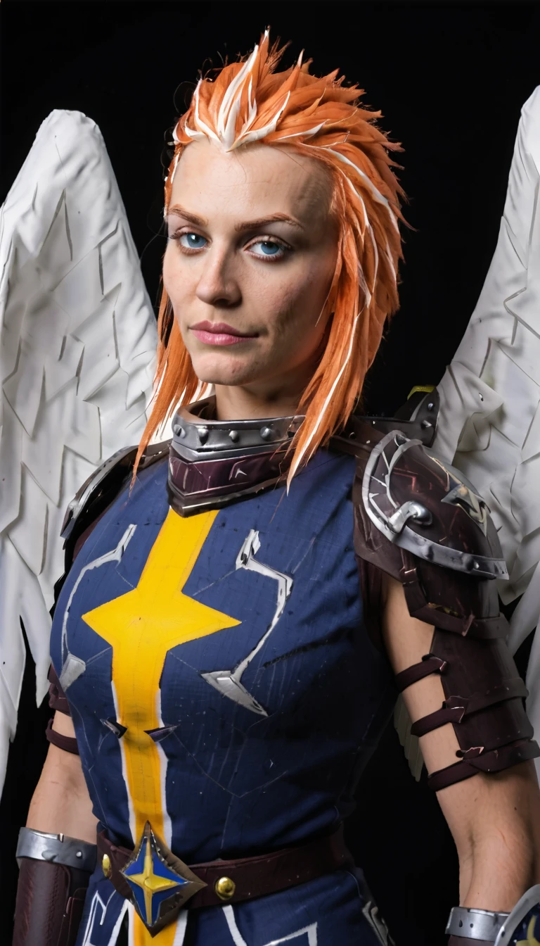 (((close up:2))), PHOTO, Commander Zilyana, Multi colored hair orange and white, armored, Metalic armor, wearing metalic armour, angelic white wings, smiling, photo studio, photo shoot, posing, face, detailed face