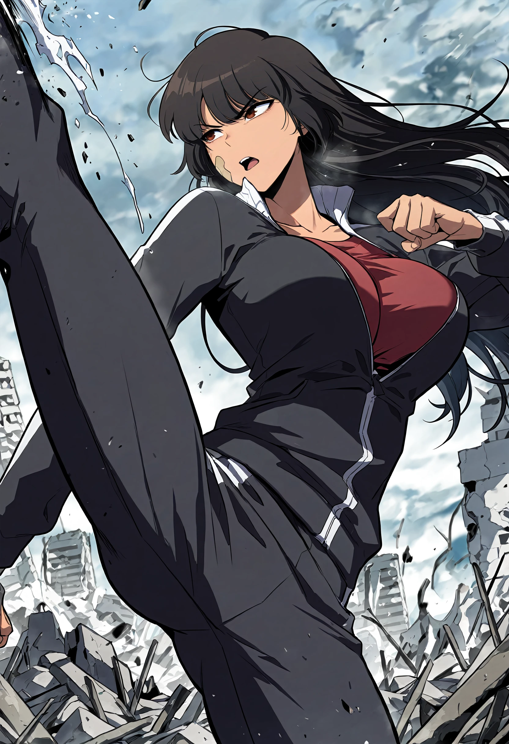 masterpiece, best quality, amazing quality, very aesthetic, absurdres, newest, scenery, 1girl, solo, huge breasts, serious, open mouth<lora:Yoo Yeonhwa illustxl:1.0> black hair, long hair, brown eyes, red eyes, bandaid on cheek, collarbone, track jacket, black jacket, long sleeves, red shirt, track pants, black pants, upper body, standing, spread legs, leg up, (kicking:1.1), ruins, outside, looking away, shiny skin, masterpiece, best quality, amazing quality, very aesthetic, absurdres, newest, scenery