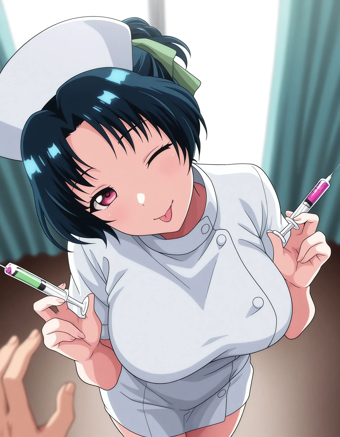 1girl, natsukimiyuri, folded ponytail, hair ribbon, green ribbon, evil smile, one eye closed, looking at viewer, closed mouth, :p, tongue, head tilt, nurse, nurse cap, white dress, large breasts, holding syringe, hands up, pov hand, solo focus, perspective, from above, depth of field, hospital, window, curtains, floor, backlighting, volumetric lighting, colorful, blurry background,
masterpiece, best quality, new, amazing quality, very aesthetic, absurdres, <lora:Tsumamigui_Illustrious01_v1-000036:1>