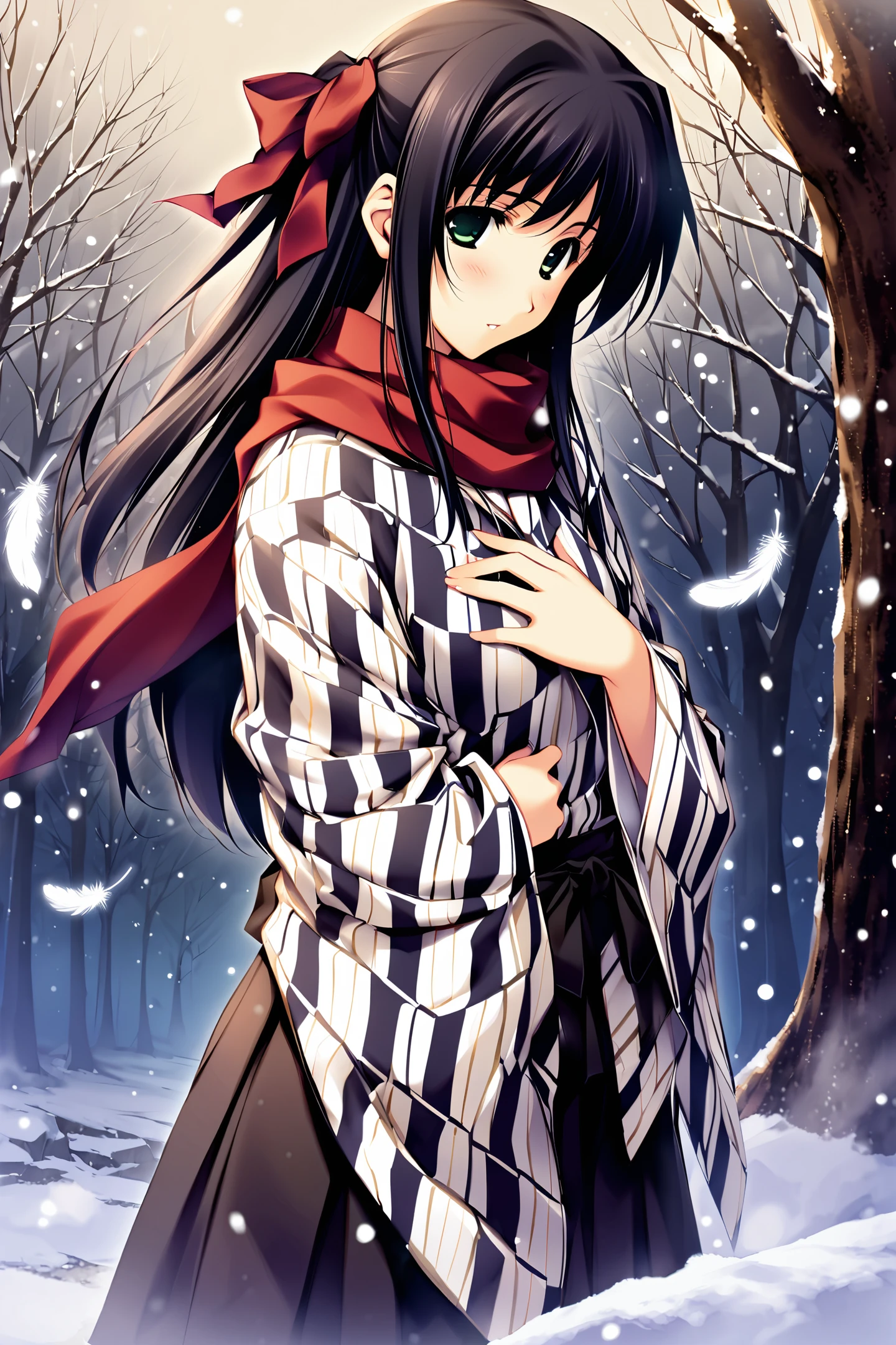 Kouzuki Kazuna,1girl,solo,yagasuri,japanese clothes,snow,green eyes,hakama skirt,hakama,meiji schoolgirl uniform,long hair,feathers,tree,scarf,snowing,black skirt,black hair,winter,hand on own chest,
<lora:Sugina Miki_XL:0.8>,