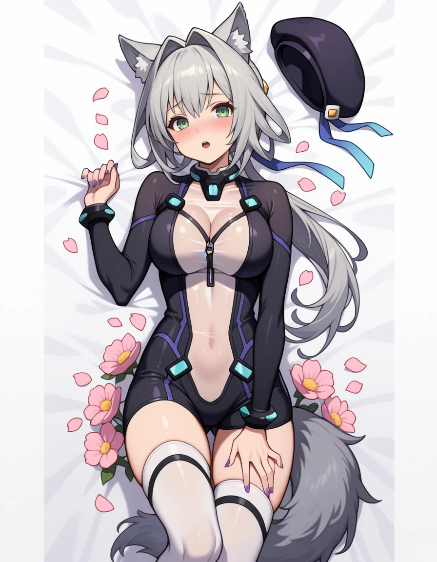 masterpiece, best_quality, absurdres,  <lora:hundred_-_emile_crossfode_il:1> emile_crossfode, grey_hair, long_hair, ponytail, hair_ribbon, hair_intakes, green_eyes, bodysuit, by_clickdraws, animal_ears, artist_name, lying, large_breasts, purple_nails, cleavage, simple_background, zettai_ryouiki, 1girl, thighs, hand_on_own_thigh, blush, dakimakura_medium, wolf_girl, on_back, wolf_ears, beret, breasts, open_mouth, solo, petals, pink_petals, flower, pink_flower, partially_unzipped, white_thighhighs, tail, wolf_tail, thighhighs, see-through_cleavage