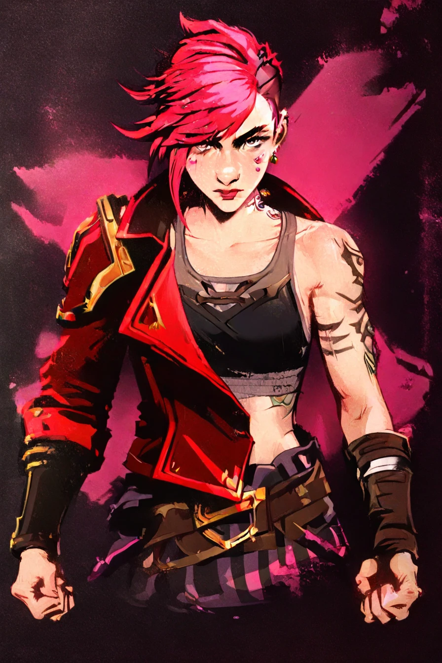 <lora:ViPDXL:0.6>, gray-blue eyes, vi, vi (league of legends) , red-pink hair, tattoo on the face, tattoo on the neck, earrings, red jacket, armbands, grey and black tank top, striped pants, belt, tattoo on arms, 1girl, solo, alone, <lora:arcane_poster_illustriousXL-000021:1>, arcane_poster_style, masterpiece, highres