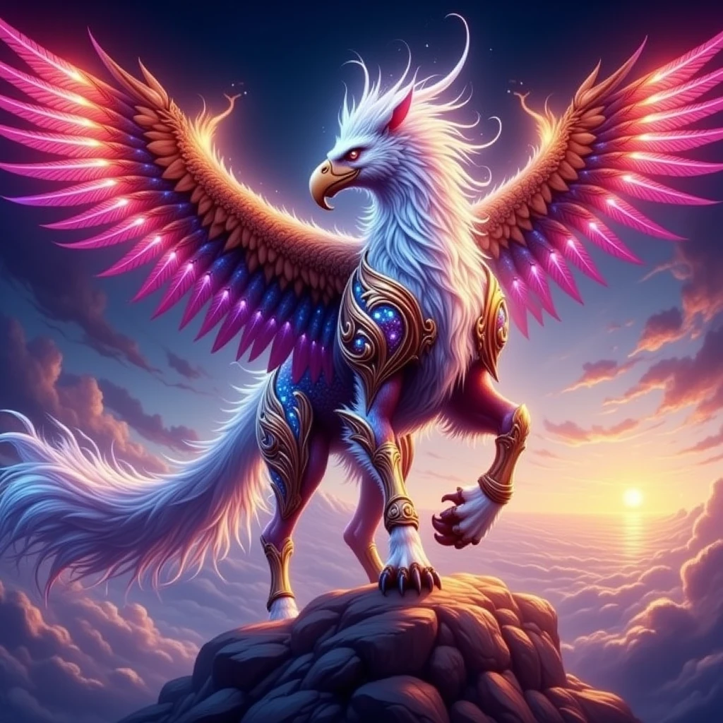 anime artwork <lora:hippogriifns:1> hippogriff, horse and eagle, a masterpiece of a hippogriff in a stunning, impressionist ambience. The scene is beautiful and surreal, with luxurious sharp focus and intense, vibrant colors. Incorporate dynamic shadows and dramatic lighting, with soft shadows enhancing the depth of the scene. Set the mood at dusk, red, pink and orange colors, capturing the cinematic essence of the creature as it perches gracefully in a mystical open sky. Its iridescent wings shimmer in glorious hues of golden and silvery majestic colors, catching the soft, magical light that illuminates this enchanting creature. Thehippogriff feathers gleam like precious gems, and it has a majestic feathery crown on top of the head, reflecting the vibrant colors. Use volumetric lighting to create an ethereal atmosphere, with endless skies. The scene should be filled with magic and myth, with intricate details that draw the viewer into this fantastical realm." . anime style, key visual, vibrant, studio anime,  highly detailed