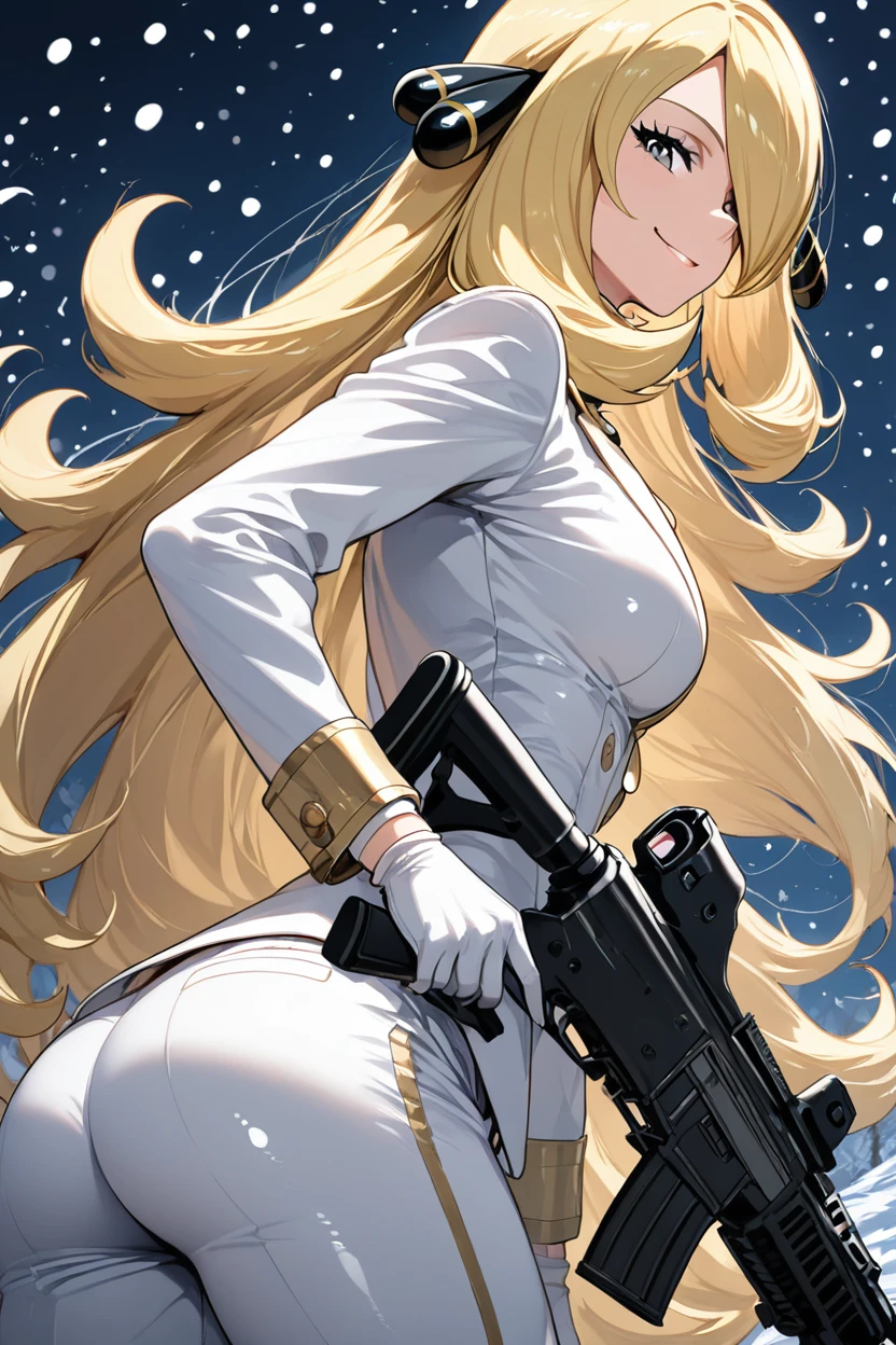 score_9, score_8_up, score_8, medium breasts, (curvy), cute, eyelashes,      ,,,   C007Citron, grey eyes, hair over one eye, blonde hair, hair ornament, long hair,  long sleeves, white gloves, white jacket, white pants, alternate costume, shirt, holding gun, snowing, assault rifle,  side view, ass, leaning forward, cowboy shot, smile, looking at viewer, shiny skin,  <lora:Cynthia007PDXL:1>,   ,,, smile, looking at viewer,  ,,, embedding:zPDXL, Expressiveh, <lora:SDXLFaeTastic2400:0.5>,  <lora:Expressive_H-000001:0.4>,