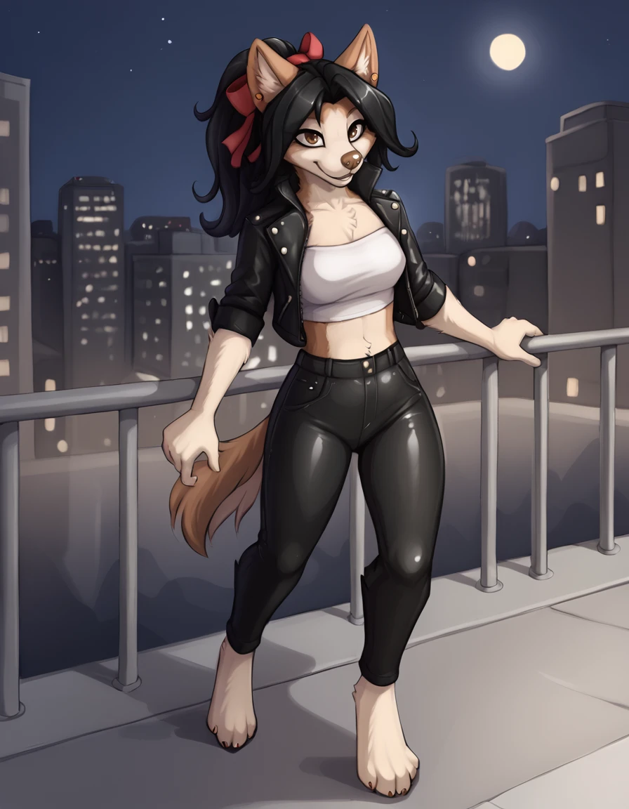 outdoors,city,night, night sky, 
full body,smile,long eyelashes,parted lips,
leather pants, tube top, leather jacket, pose
<lora:Pepper_v05_PDXL:1>,P3pp3r,1girl,solo,furry female,dog girl,brown eyes,dog ears,earrings,animal nose,snout,long hair,black hair,ponytail,hair ribbon,dog tail,body fur,white fur,brown fur,two-tone fur,