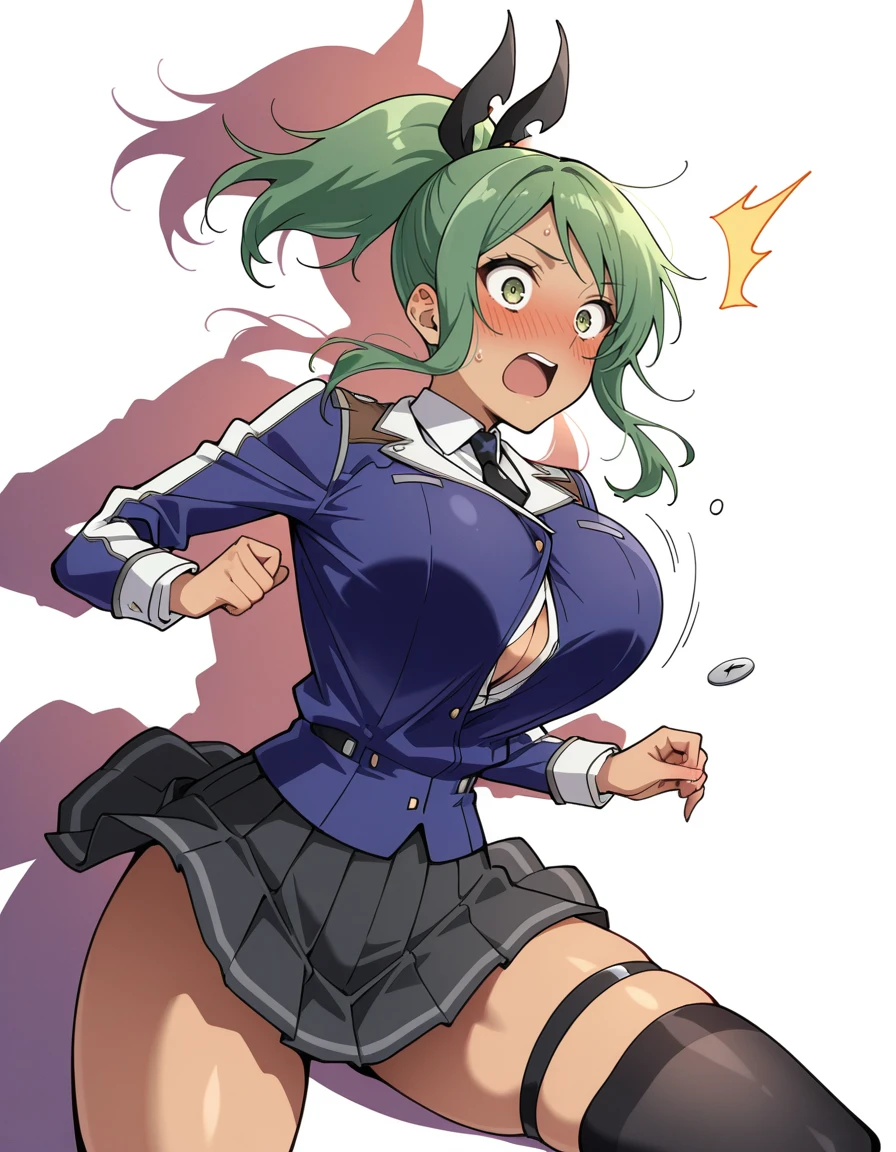 masterpiece, absurdres,  <lora:hundred_-_liddy_steinberg_il:1> 1girl, solo, hundred_-_liddy_steinberg, green_hair, ponytail, green_eyes, dark-skinned_female, sidelocks, large_breasts, school_uniform, jacket, long_sleeves, black_necktie, skirt, black_thighhighs, thigh_strap, toomy_woomy, blush, breasts, bursting_breasts, (flying_button:1.3), huge_breasts, open_mouth, simple_background, surprised, wardrobe_malfunction, wide-eyed, zipper, zipper_pull_tab
, backlighting, shadow,