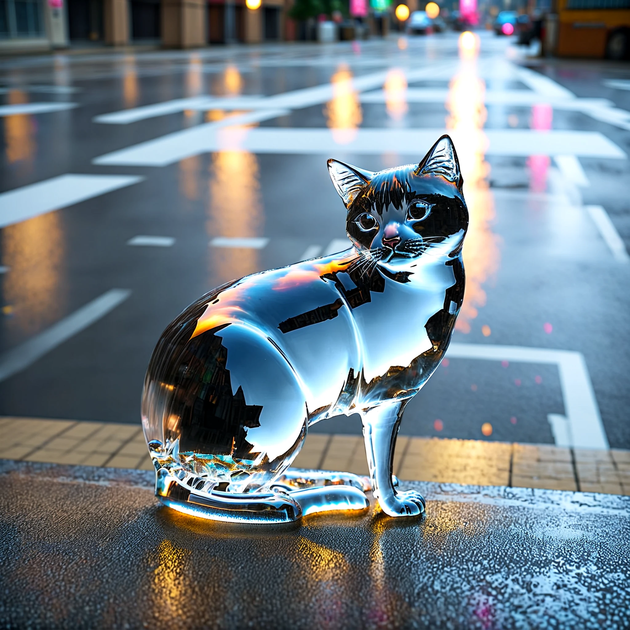 glass cat, solo, outdoors, solo_focus, blurry, no_humans, depth_of_field, blurry_background, building, reflection, photorealistic, cityscape, realistic, transparent, photo_background, reflective_floor, crosswalk, real_world_location,  <lora:Crystal_ornament_IL_v1:0.5>