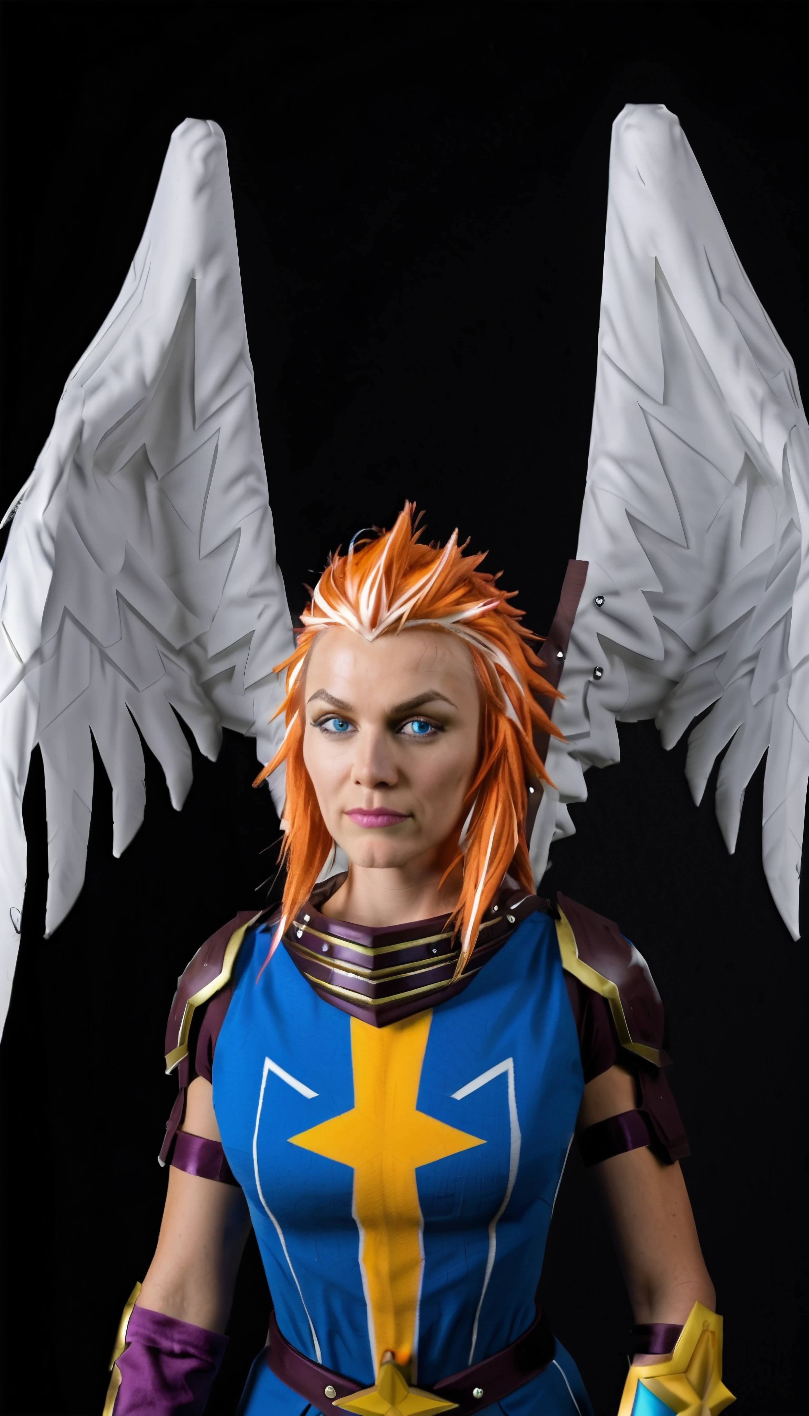  PHOTO, Commander Zilyana, Multi colored hair orange and white, armored, angelic white wings, ((blue and gold star armor)), ((purple arm guards)), smiling, photo studio, photo shoot, posing, upper body shot