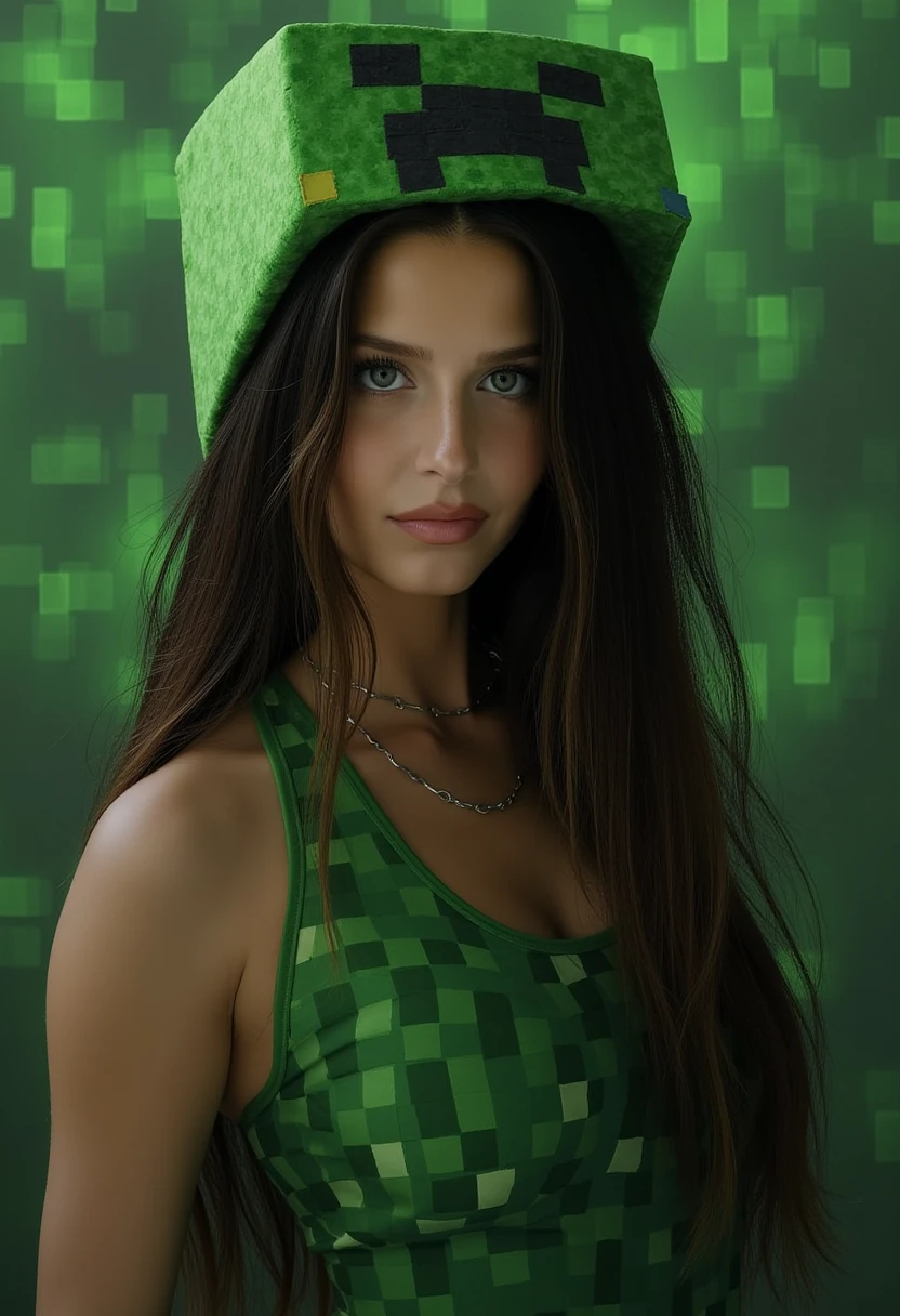 Realistic portrait of M4ND1CH, a woman with long hair cosplaying a minecraft creeper