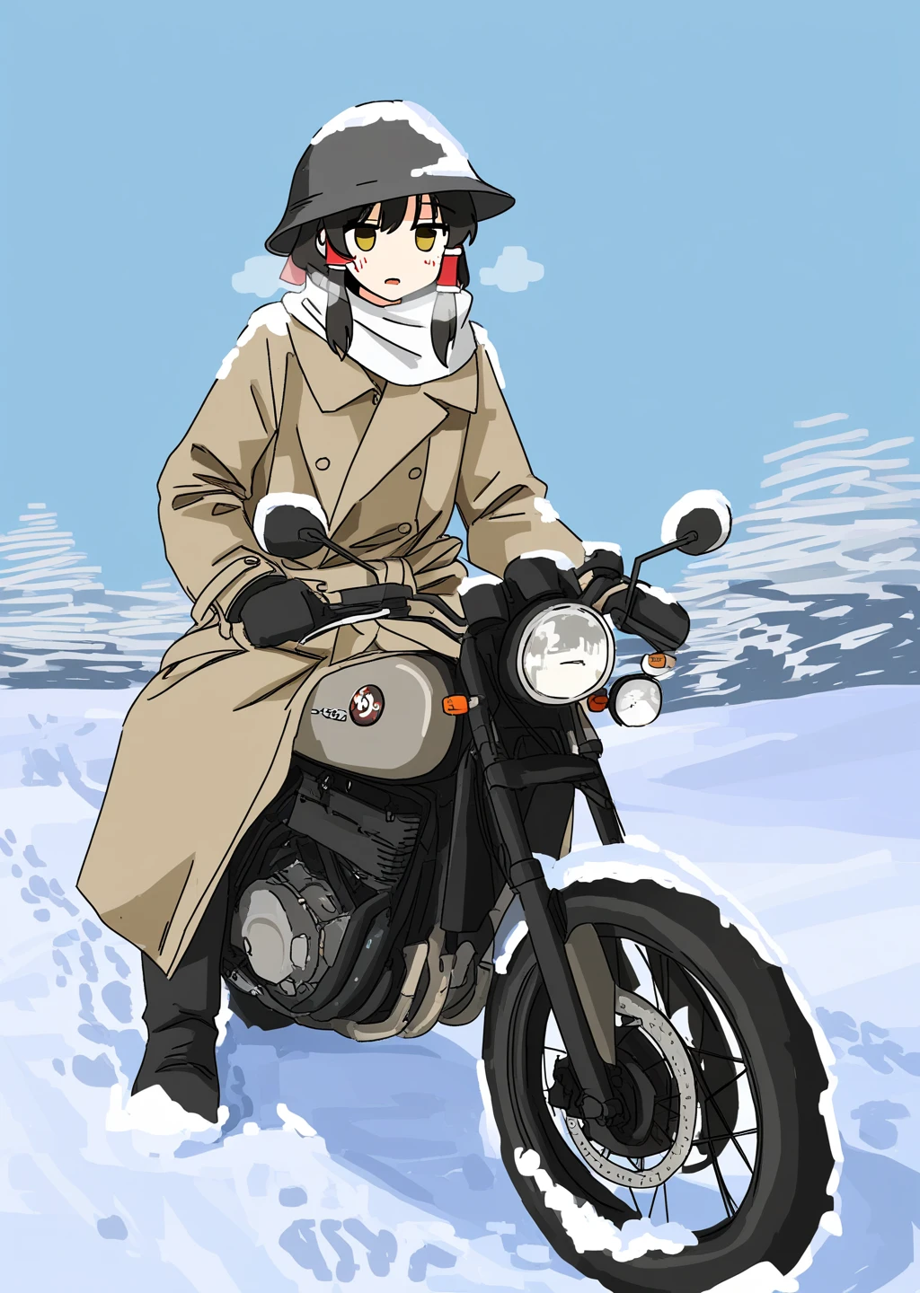 best quality, very aesthetic,  BREAK outdoors, snow, winter, trench, trench coat,  blue sky,  simple background BREAK 2girls, hakurei reimu,  kirisame marisa, sitting, world_war_ii, helmet, military uniform, military hat, full body, motorcycle, heavy breathing, 
<lora:prasetyoadii22:1>