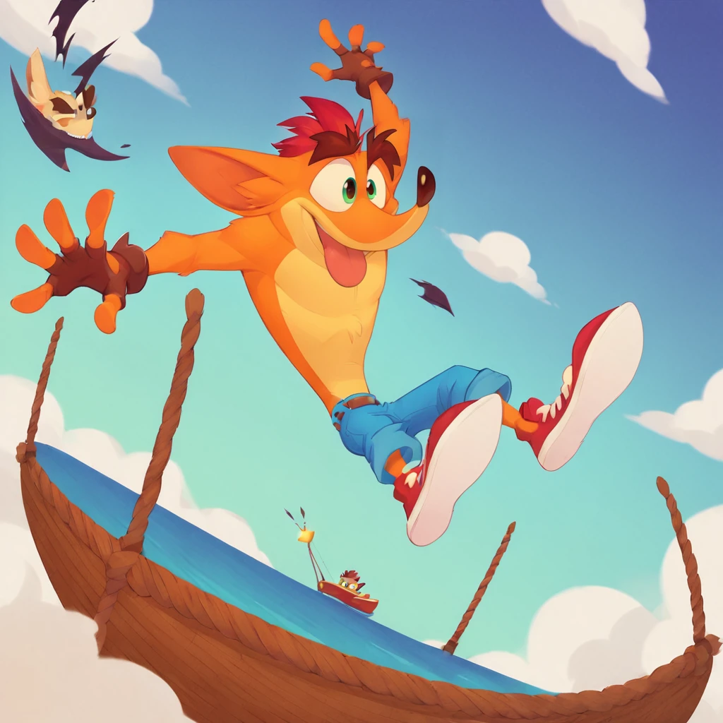 Crash Bandicoot,Furry,Orange Fur,Light Orange Under Belly,Green Eyes,Mohawk,Red Hair,Thick Eyebrows,Dark Brown Nose,Big Pointy Ears,Fingerless Gloves,Blue Jeans,Red Shoes with White soles and laces,solo,jumping out of a boat,grim,smile,tongue out, <lora:Crash_Bandicoot_CB4_Concept_Art_PonySDXL.safetensors:1.0:1.0>