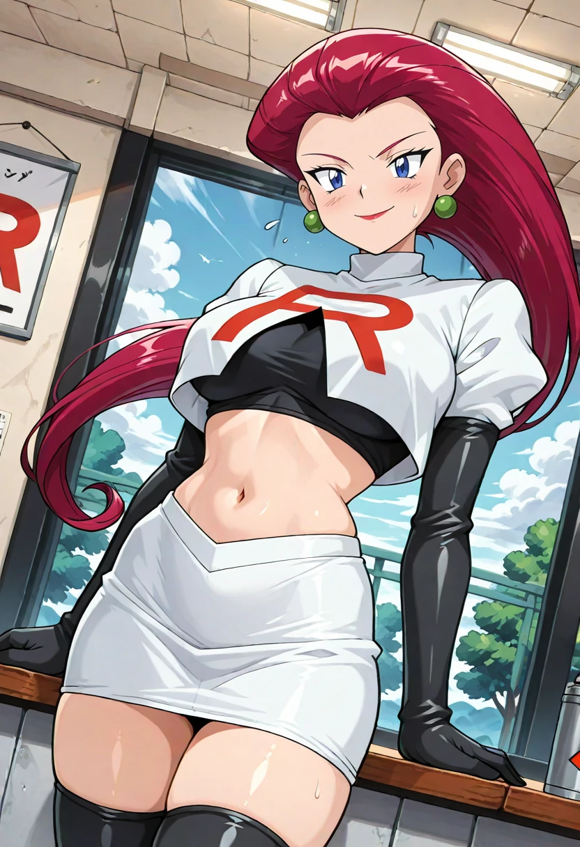 masterpiece, best quality, absurdres, highres, detailed background, <lora:hyperSD8:1>,
 <lora:JESSIE_ILXL:1> 1girl, jessie \(pokemon\), long hair, hair slicked back,  navel, team rocket uniform, black crop top, white jacket, black gloves, miniskirt, black thighhighs,