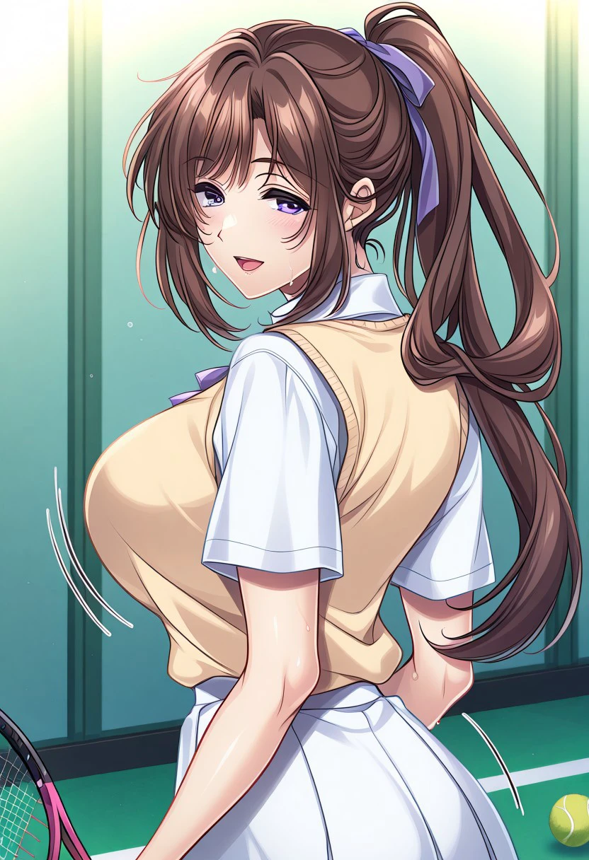 masterpiece, best quality, newest, highres, uncensored, 1girl, yokota mamoru style,motion lines,1girl，Hagino Umi,Brown Hair, Side Tail, Waist Length Hair,Violet Eyes,Big Breasts, Pale, Slim, 1girl, solo, ball, ponytail, racket, tennis ball, tennis racket, long hair, blue eyes, open mouth, looking back, ribbon, school uniform, hair ribbon, smile, sweater vest, sweat