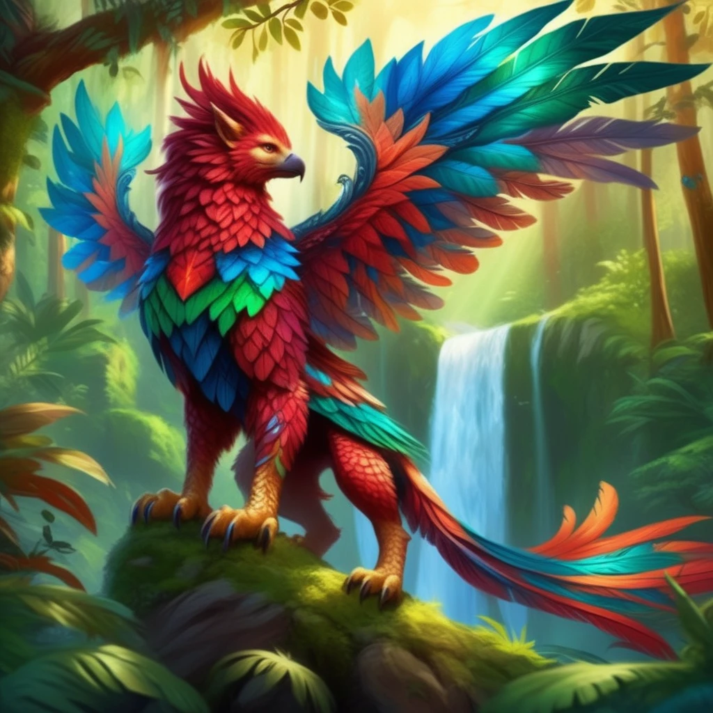 ethereal fantasy concept art of    <lora:Hippogriffs&griffins:1> griffs, a jungle griffin adorned with vibrant feathers in shades of emerald, sapphire, and ruby, blending into its lush rainforest surroundings. Its body is sleek and muscular, with fur patterned like a jaguarâs. Perched on a thick branch wrapped in glowing moss, it surveys a cascading waterfall in the distance. The sunlight filters through the dense canopy, creating a dappled effect on the griffin's textured feathers and fur. The camera is positioned at a dynamic side angle to showcase the interplay of light and shadow. . magnificent, celestial, ethereal, painterly, epic, majestic, magical, fantasy art, cover art, dreamy