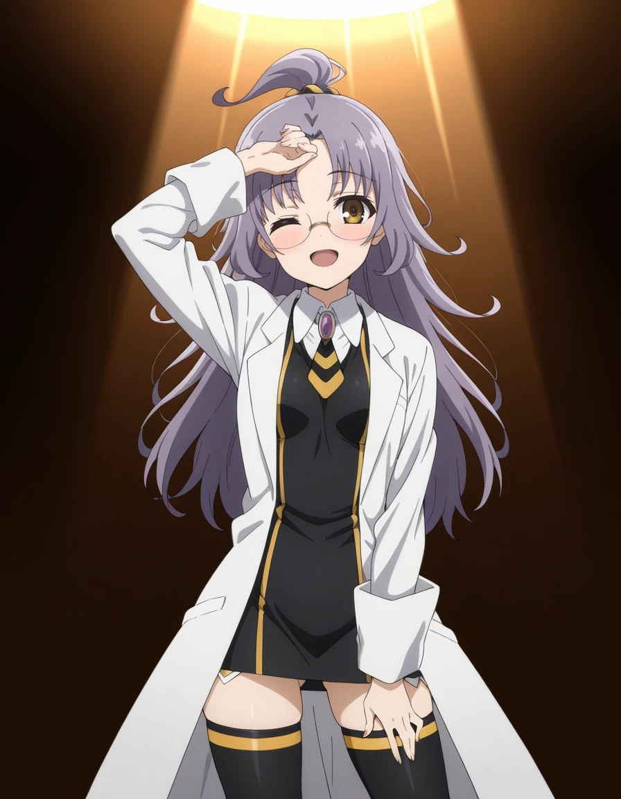 masterpiece, best_quality, absurdres,   <lora:hundred_-_charlotte_dimandius_il:1> hundred_-_charlotte_dimandius, long_hair, purple_hair, glasses, brown_eyes, yellow_eyes, lab_coat, necktie, collared_shirt, long_sleeves, zettai_ryouiki, black_thighhighs, guchiknight, :d, anime_coloring, arm_up, ass_visible_through_thighs, breasts, breasts_apart, cheek_blush, contrapposto, cowboy_shot, hand_on_own_forehead, hand_on_own_thigh, light_blush, looking_at_viewer, one_eye_closed, open_clothes, open_mouth, simple_background, smile, standing, backlighting, shadow