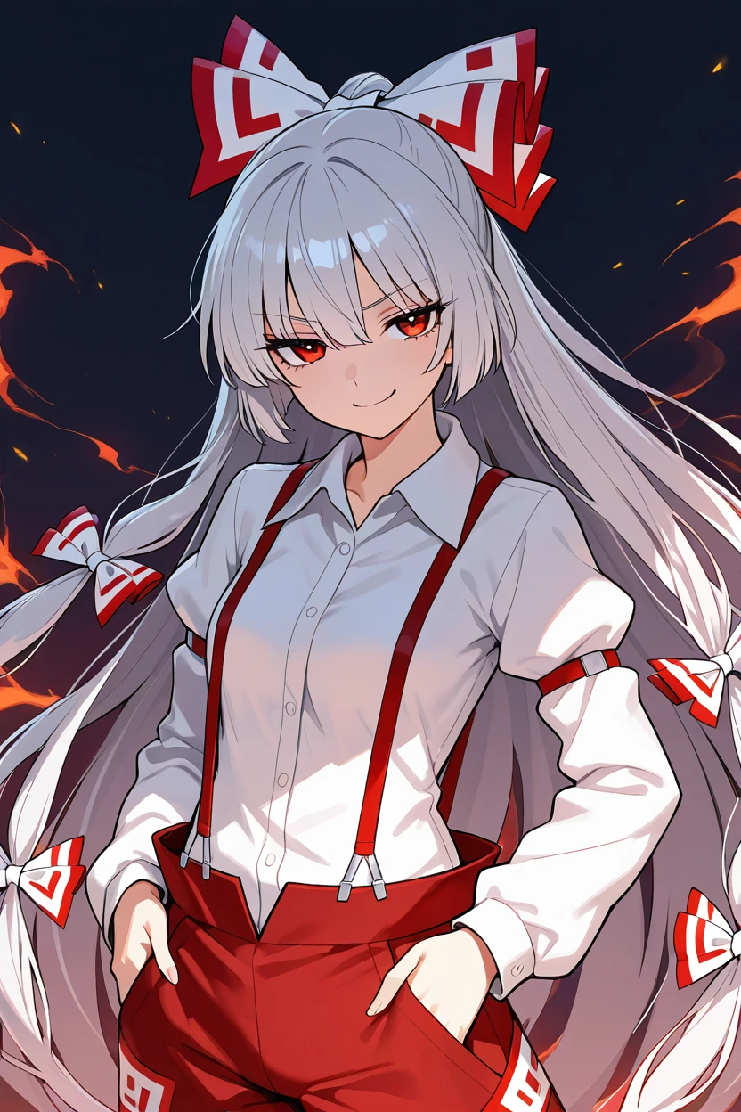 masterpiece, best quality, 1girl, solo, 21 year old model, eyelashes, (beautiful eyes),     ,,, <lora:FujiwaraNoMokouTouhouIXL:1.0>, zzMokou, red eyes, hair between eyes, grey hair, hair bow, hair ribbon, long hair, very long hair, white hair bow, suspenders, white shirt, shirt, long sleeves, pants, white bow, red pants, collared shirt,cowboy shot, hand on hip, smug, smile, looking at viewer, shiny skin,