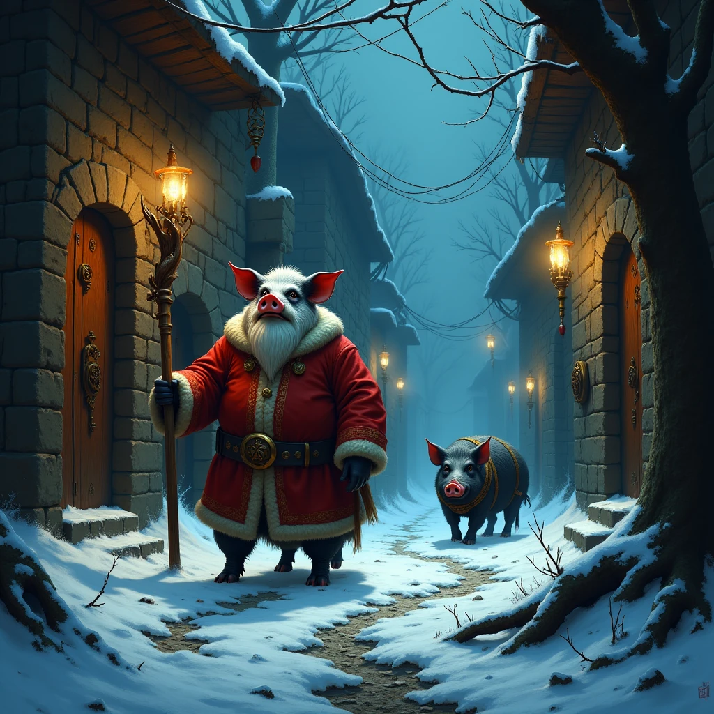 Imagine an image in the style of a dark, gritty graphic novel: An anthropomorphic pig creature, the Hogfather, in a red Santa suit, strides through the shadowy alleys of Ankh-Morpork. His glowing blue eyes pierce the gloom as his snorting boar prepares to charge an assassin lurking in the darkness.