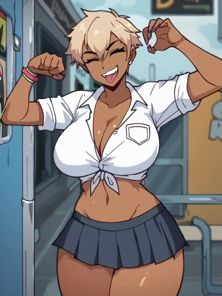 score_9, score_8_up, score_7_up, 1girl, dark skin, yellow eyes, curvy, huge breasts, wide hips, tomboy, gyaru, front, cute pose, evil smile, looking at viewer, dynamic pose, cowboy shot, white socks, school uniform, lay on subway, graffiti, urban city, sexually suggestive, sexy, one closed eyes, tongue out, 
<lora:ADerpixon_style:0.85>, DerpixonXL, cartoon, anime screencap, anime coloring,