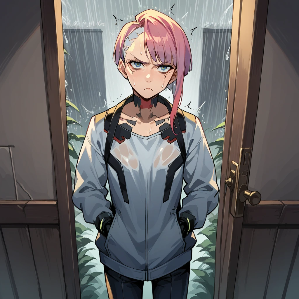 score_9, score_8_up, score_7_up, score_6_up, score_5_up, score_4_up, zPDXL2,source_anime,rating_questionable, 1girl, solo, standing, looking at viewer,  frown, annoyed, rain, storm, deck porch, wet clothes, cold, shivering,   <lora:Front_Door:0.7> d00r, looking at viewer, front door,  lucy_(cyberpunk)