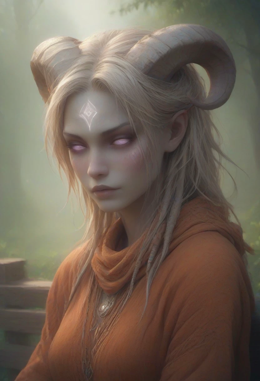 (absurdres, best quality, masterpiece:1.4), score_9, score_8_up, score_7_up, score_6_up, detailed, detailed body, detailed face, world of warcraft, fantasy, 
culDraenei, purple eyes, no sclera, no pupils, 
(orange robe, orange silk scarf), sitting on fence, 
upper body,
outdoors, forest