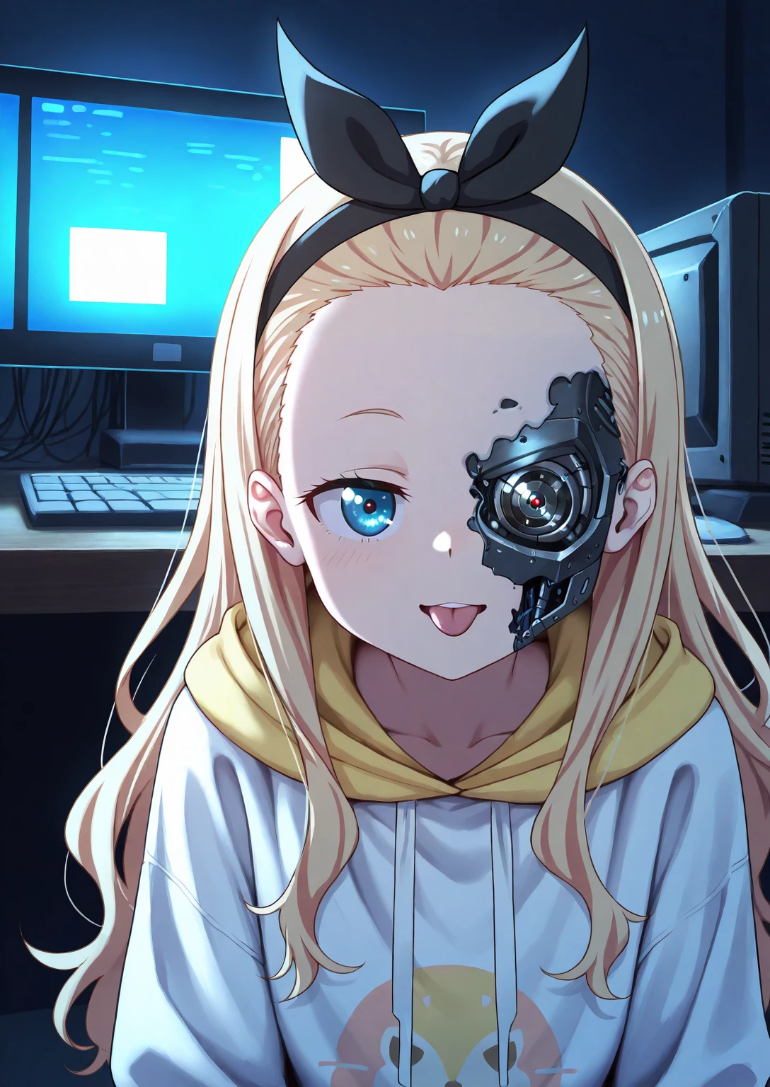 masterpiece,best quality,absurdres,highres,very aesthetic,anime,sensitive,High quality,Ultra detailed,insanely detailed,beautiful,perfect lighting,
<lora:half_cyborg_face_IL_v1:1.5>,half_cyborg_face,android,mechanical parts,damaged,cyborg,mechanical eye,science fiction,
1girl,solo,
<lora:Kurumi (illustriousxl) :0.5>,kurumi \(lycoris recoil\),
blonde hair,hair ribbon,long hair,black ribbon,black hairband,forehead,
hoodie,white hoodie,drawstring,
upper body,close-up,
indoors,dark room,night,computer,cables,
sitting,smile,open mouth,tongue out,looking at viewer,