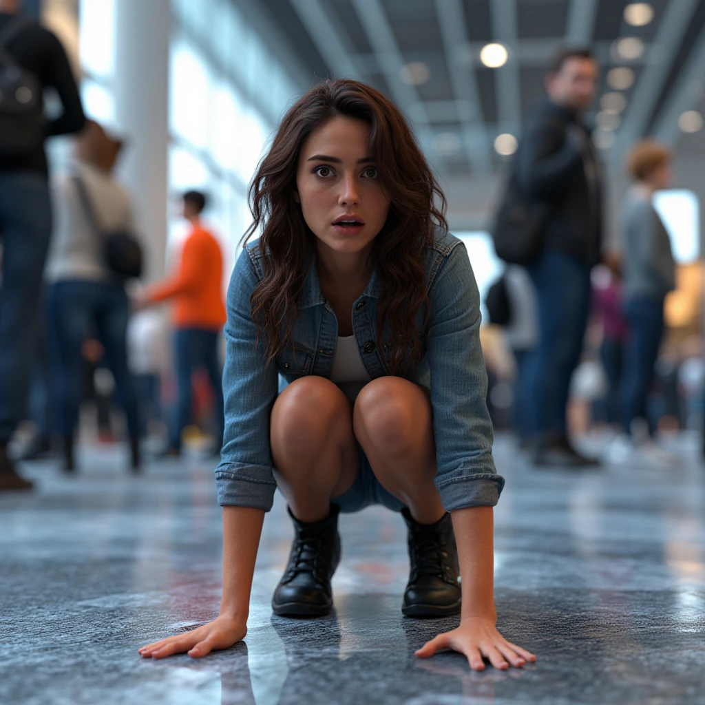 photo, shrunken young woman crouched on a floor inside a crowded convention center while being afraid and frightened, wide-angle shot emphasizing her tiny size