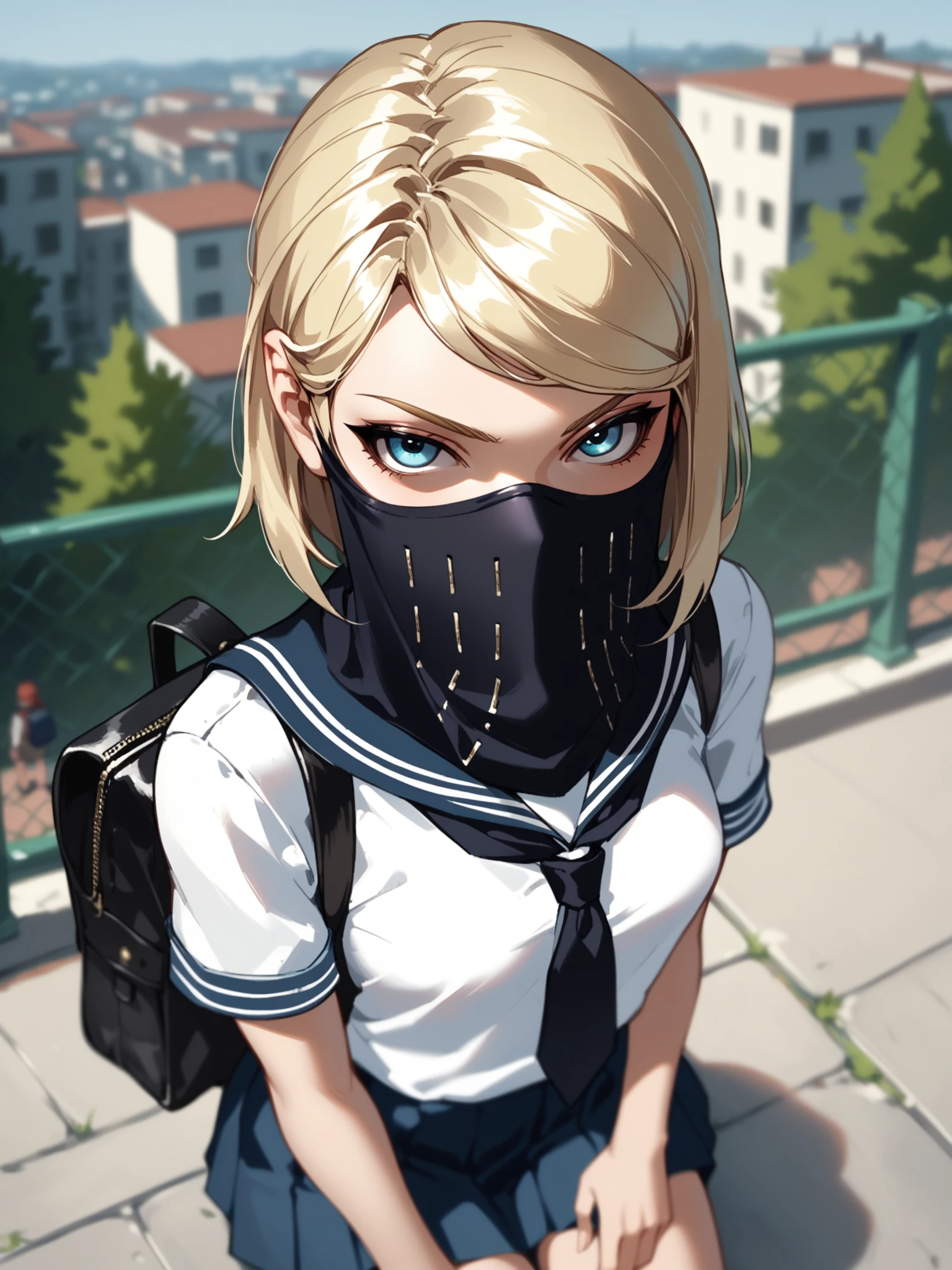 <lora:happy_tentacle-fishcommander-v0.1-000010:0.8>, ht_fishcommander, mouth veil, blonde hair , annoyed, school, rooftop, outdoors, fence, school uniform cowboy shot, (petite:1.2), 1girl, solo focus, (looking at viewer:1.1), sidelighting, (depth of field:0.8), from above, [(realistic, photorealistic:1.2):(realistic:1.3):22], [(3d:1.2)::12], <lora:LUUNA's Lunas-NijiJourney-SDXL-B2:0.6>, nijijourney, <lora:prgfrg23's Counterfeit-V3.0 Style SDXL_LoRA_Pony Diffusion V6 XL:0.3> <lora:Shed_The_Skin's StS_age_slider_v1_initial_release:-1.2>, score_9, score_8_up, score_7_up, score_6_up, score_5_up, score_4_up, rating_safe