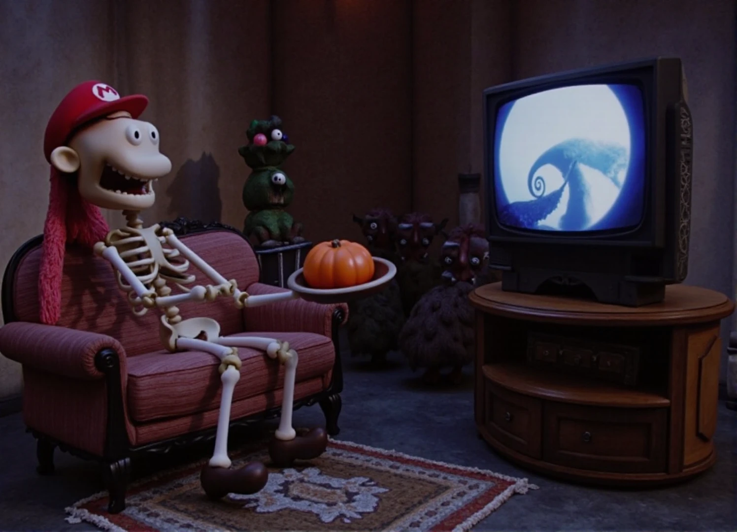 Stop motion film showing Mario skeleton puppet sitting on a couch by the tv in style of Tim Burton. Nightmare before Christmas movie. Some monsters at background.