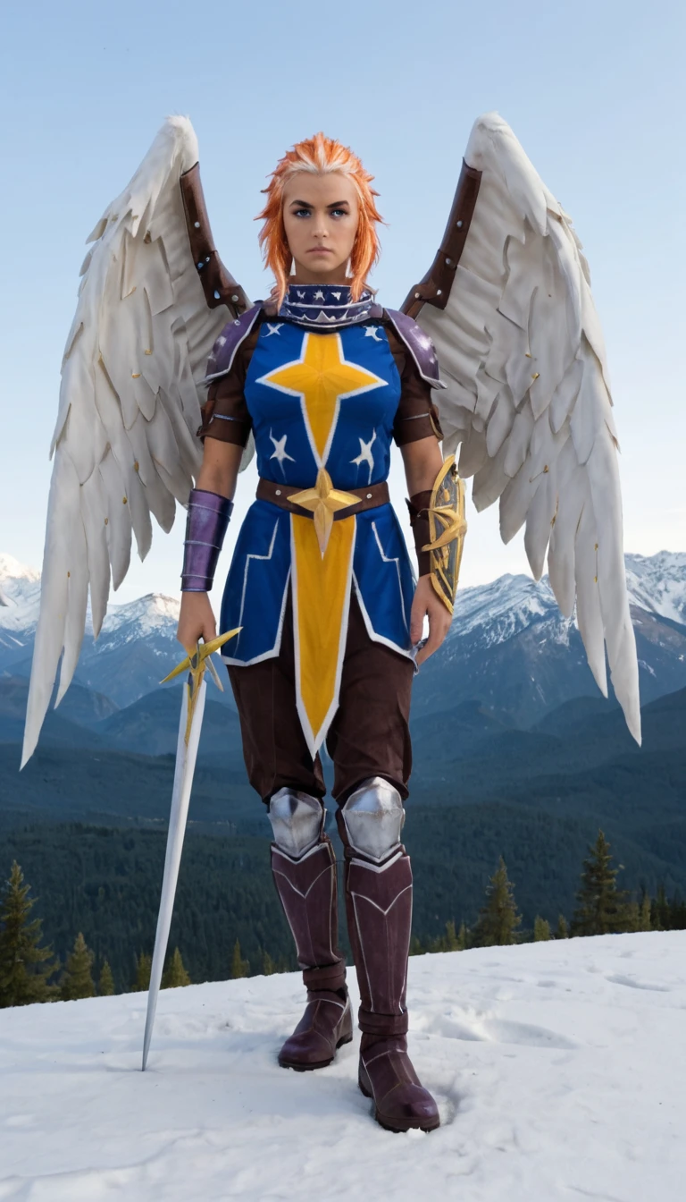  PHOTO, Commander Zilyana, Multi colored hair orange and white, armored, angelic white wings, ((blue and gold star armor)), ((purple arm guards)), stern expression, holding large sword, posing on a snowy mountain