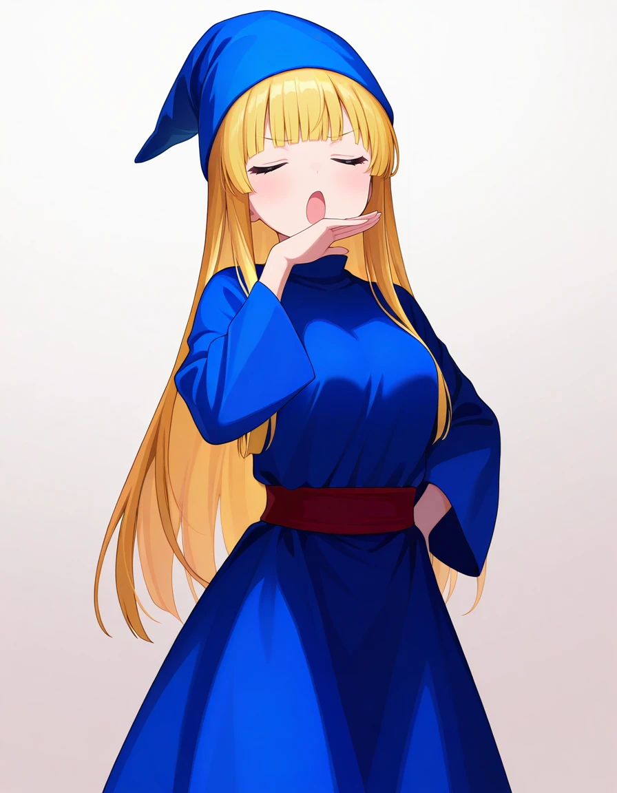 <lora:witchP123_SDXL_Illustrious01_fp16_ver01:1>,1girl,solo,witchP123,long hair,blonde hair,blunt bangs,blue eyes,blue dress, blue boots,blue hat, red sash,long sleeves,ojou-sama pose, cowboy shot,closed eyes, open mouth, gradient background,, masterpiece, best quality, very aesthetic, absurdres,<lora:detailed_hands:1>,hand