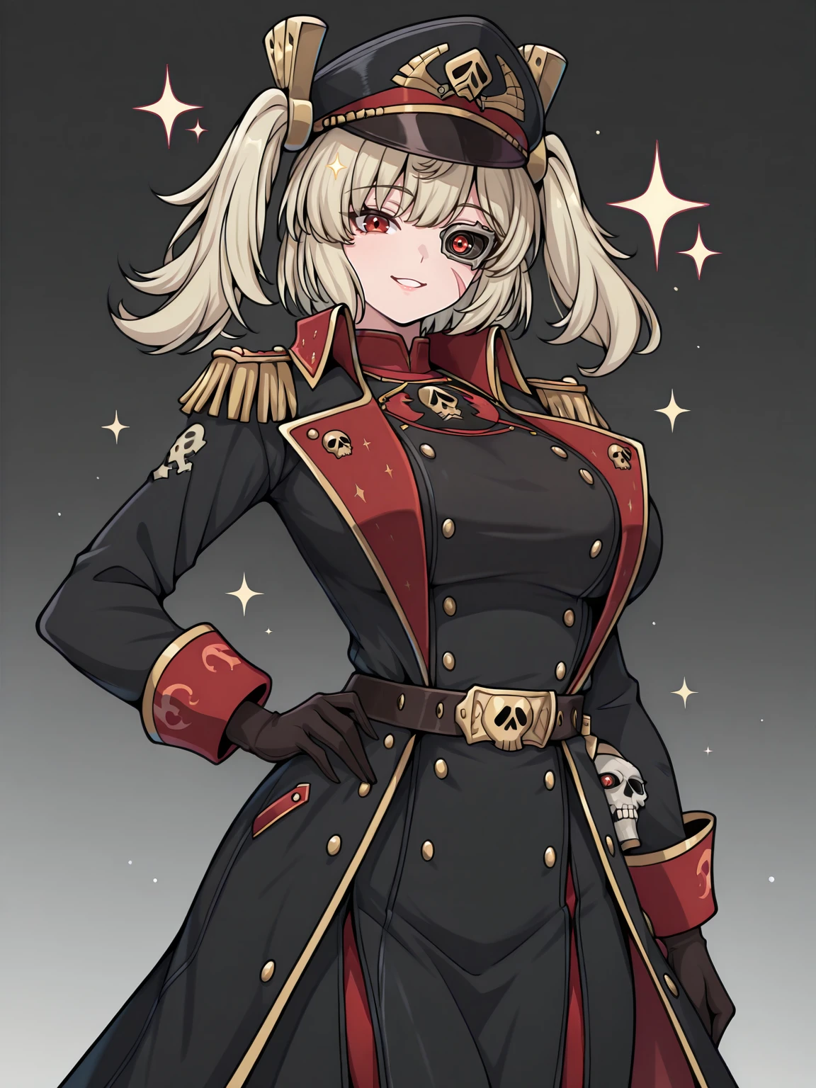 Masterpiece,best quality,1girl,long hair,solo,vector art,looking at viewer,parted lips,smile,full body,standing,
edgCommissar, long hair, looking at viewer, gloves, long sleeves, closed mouth, jacket, cowboy shot, belt, grey background, uniform, coat, black jacket, hand on hip, sparkle, black headwear, scar, epaulettes, black coat ,wearing edgCommissar,artificial eye,skull emblem,millitary uniform,
 <lora:edgIllustriousXLCommissar:1>
 <lora:Hoseki_ZenlessZoneZero_BurniceWhite_IllustriousXL_v1:1> brncwht, red eyes, blonde hair, medium hair, twintails, hair ornament, large breasts