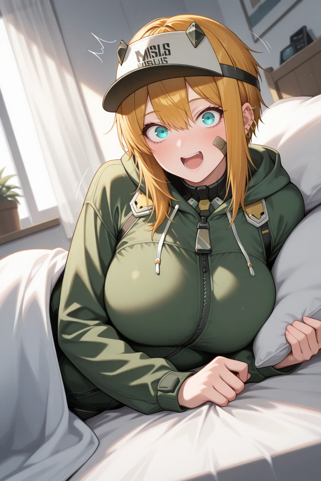 masterpiece, best quality, from side, looking at viewer, excited, open mouth, wide-eyed, 1girl, m4xw3ll, large breasts, toned, aqua eyes, blonde hair, short hair with long locks, sidelocks, hair between eyes, ear piercing, multiple piercings, bandaid on cheek, white visor cap, green hoodie, zipper, bed invitation, under covers, motion lines, lying, on side, pillow, indoors, science fiction, <lora:Hoseki_Nikke_Maxwell_IllustriousXL_v1:1>