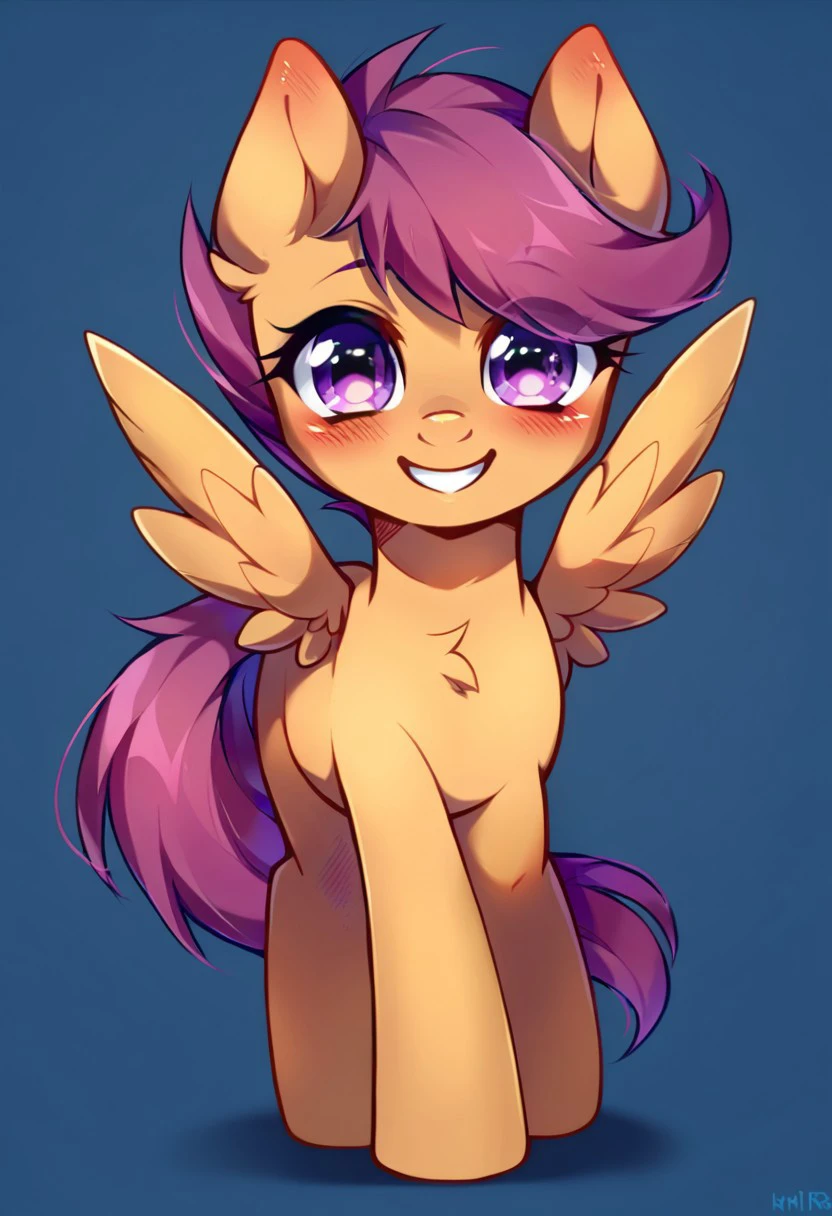 score_9, score_8, score_7, source_pony, scootaloo, solo, 1girl, full body, looking at viewer, smile, pegasus, blush