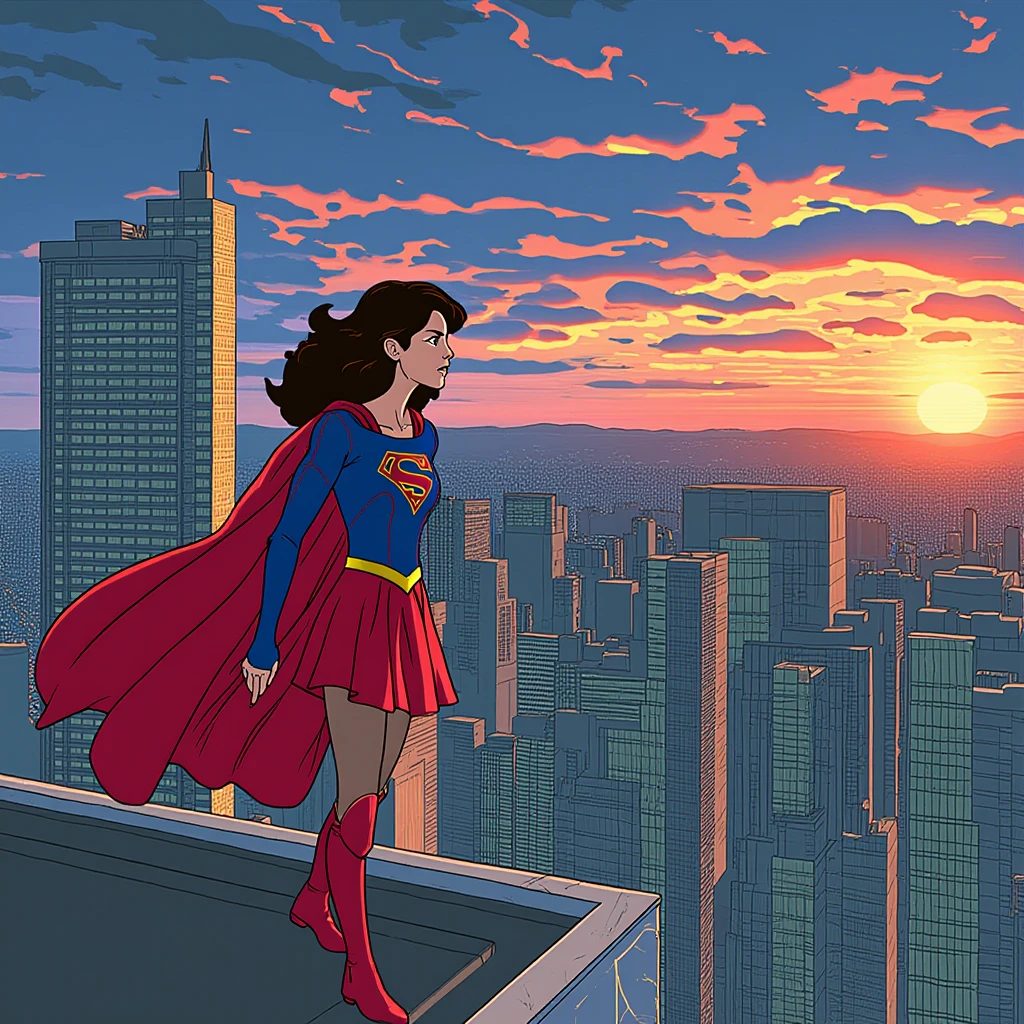 1980s anime screencap of a woman dressed in red and blue sg outfit shirt cape belt skirt tights boots and standing at the edge of a highrise roof while in the background the sun is setting