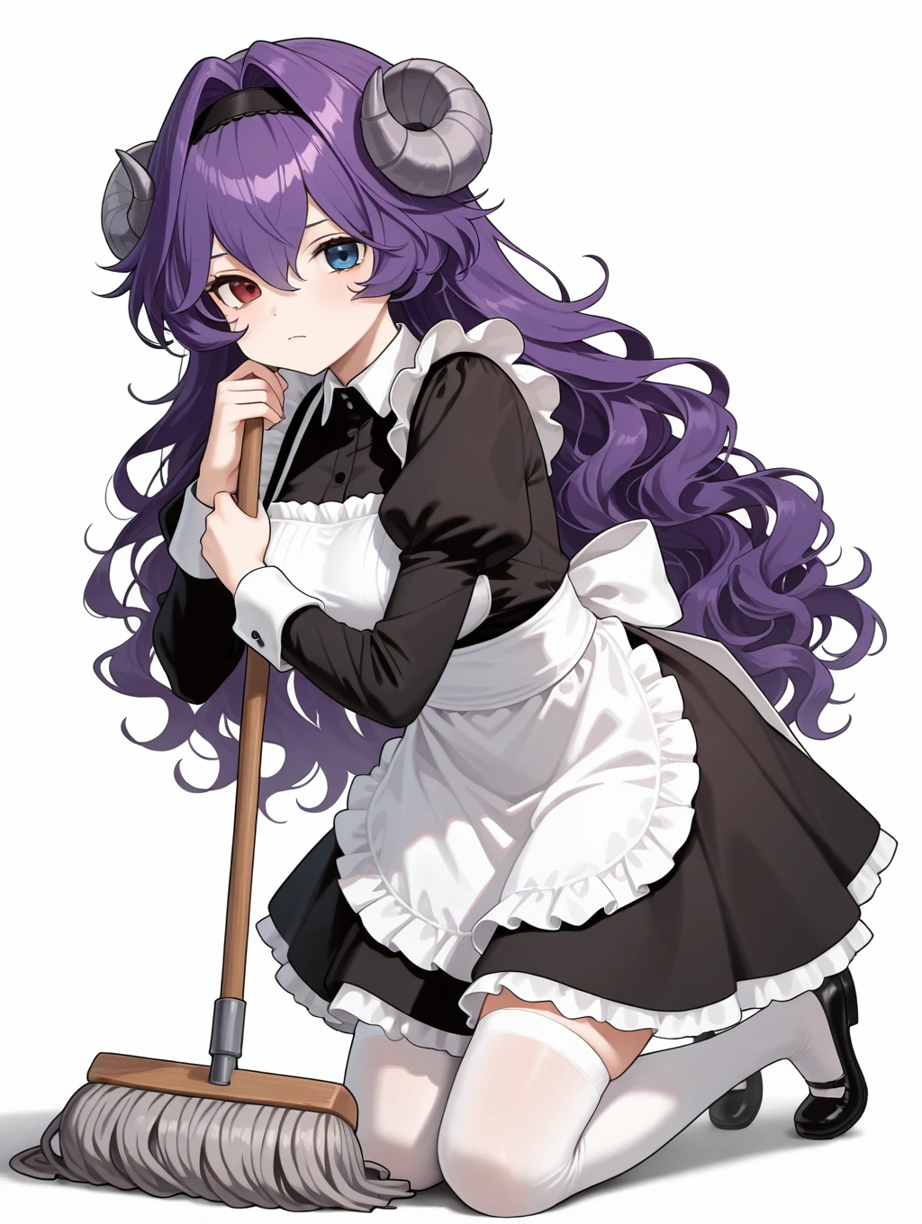 andras, 1girl, solo, long hair, looking at viewer, blue eyes, simple background, red eyes, thighhighs, long sleeves, white background, dress, holding, hair between eyes, very long hair, closed mouth, full body, purple hair, hairband, horns, puffy sleeves, apron, black dress, white thighhighs, maid, kneeling, heterochromia, wavy hair, hair intakes, juliet sleeves, white apron, maid apron, broom, curled horns, mop

masterpiece, best quality,amazing quality, very aesthetic, absurdres, depth of field, blurry background, extremely detailed face, detailed eyes