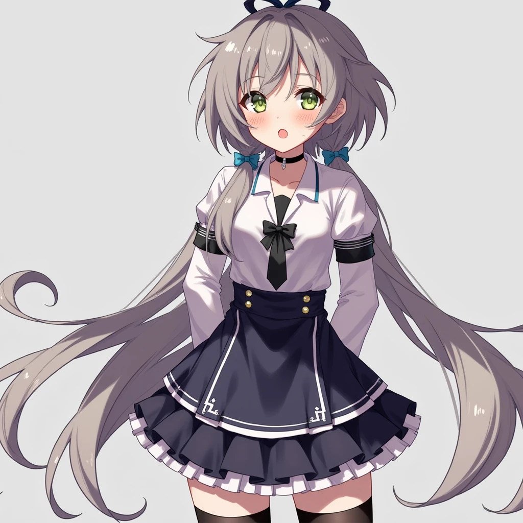 an anime girl,grey hair,black_thighhighs,