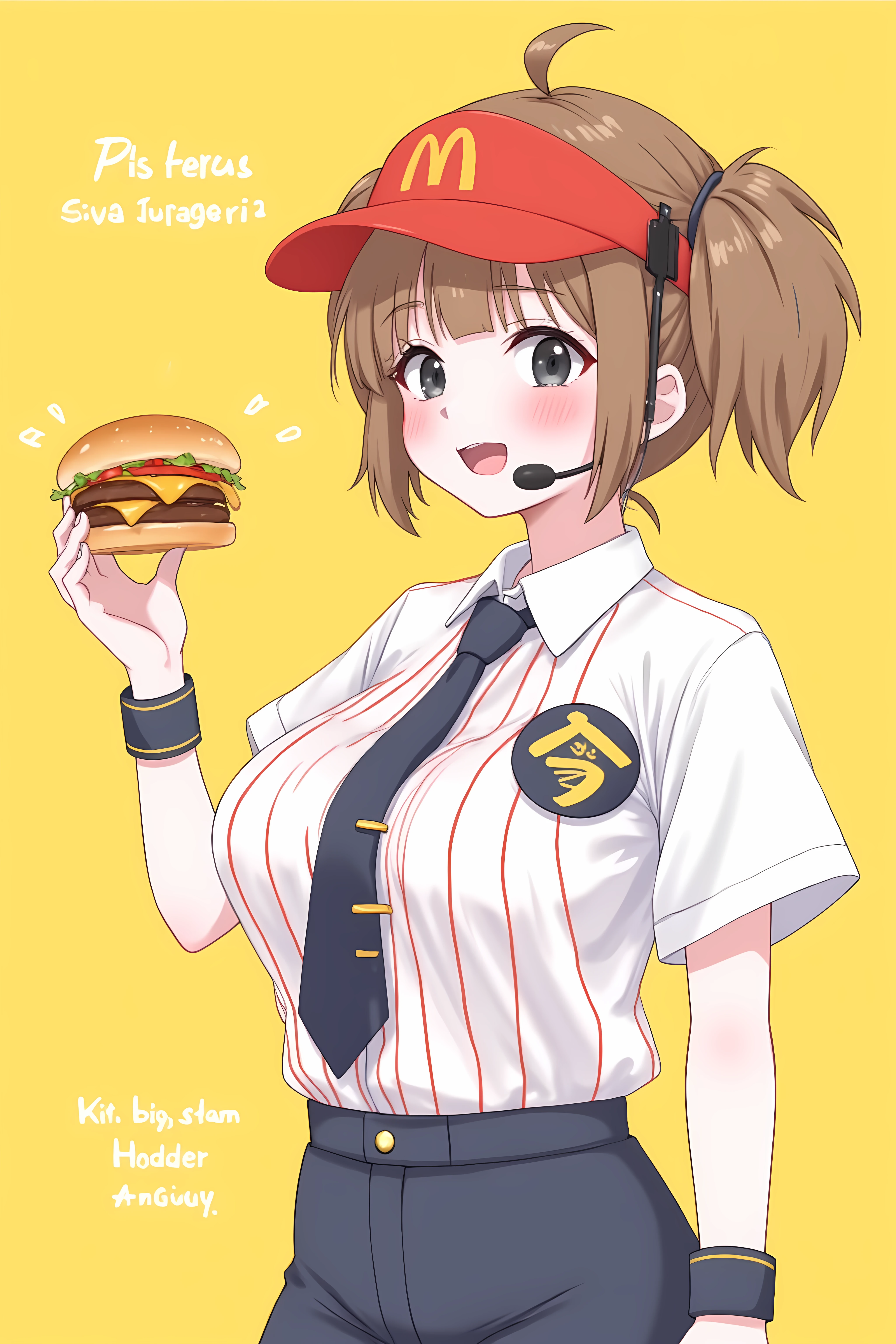 Mcdonald,vitamins, a girl in a uniform holding a hamburger in front of a yellow background.  The hamburger is a classic McDonald's style with a golden-brown bun, lettuce, tomato, and cheese. black lettering...The text on the badge reads" 今" .
